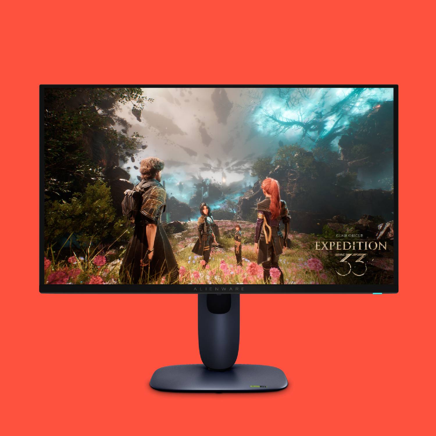 Alienware 27 AW2525Q QD-OLED gaming monitor with Expedition 33 game image on-screen, all on a red background