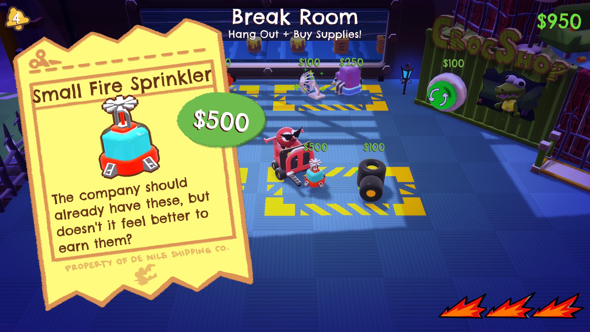 Screenshots from the Crashout Crew demo; showing optional modifiers, the Break Room, and the lobby.