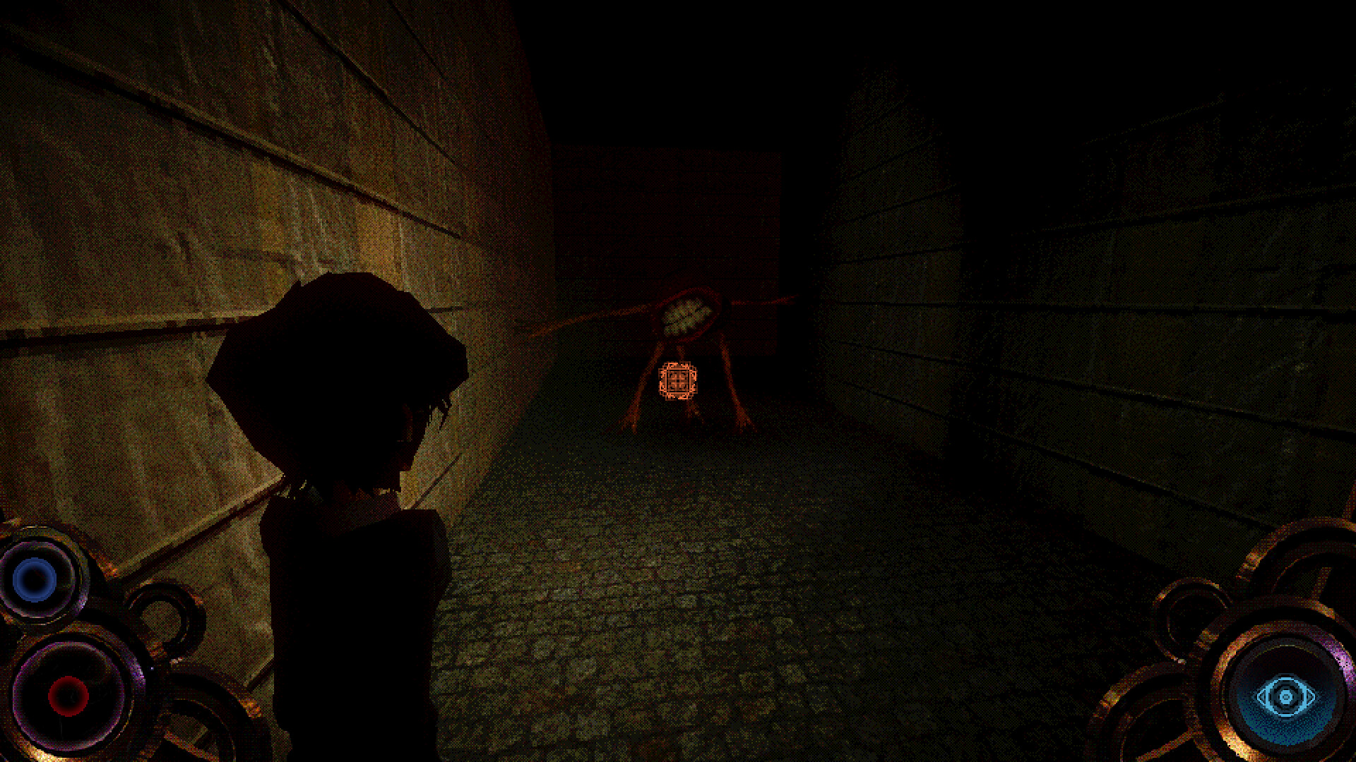 Figure emerging out of darkness into flashlight beam in Psychopomp 2