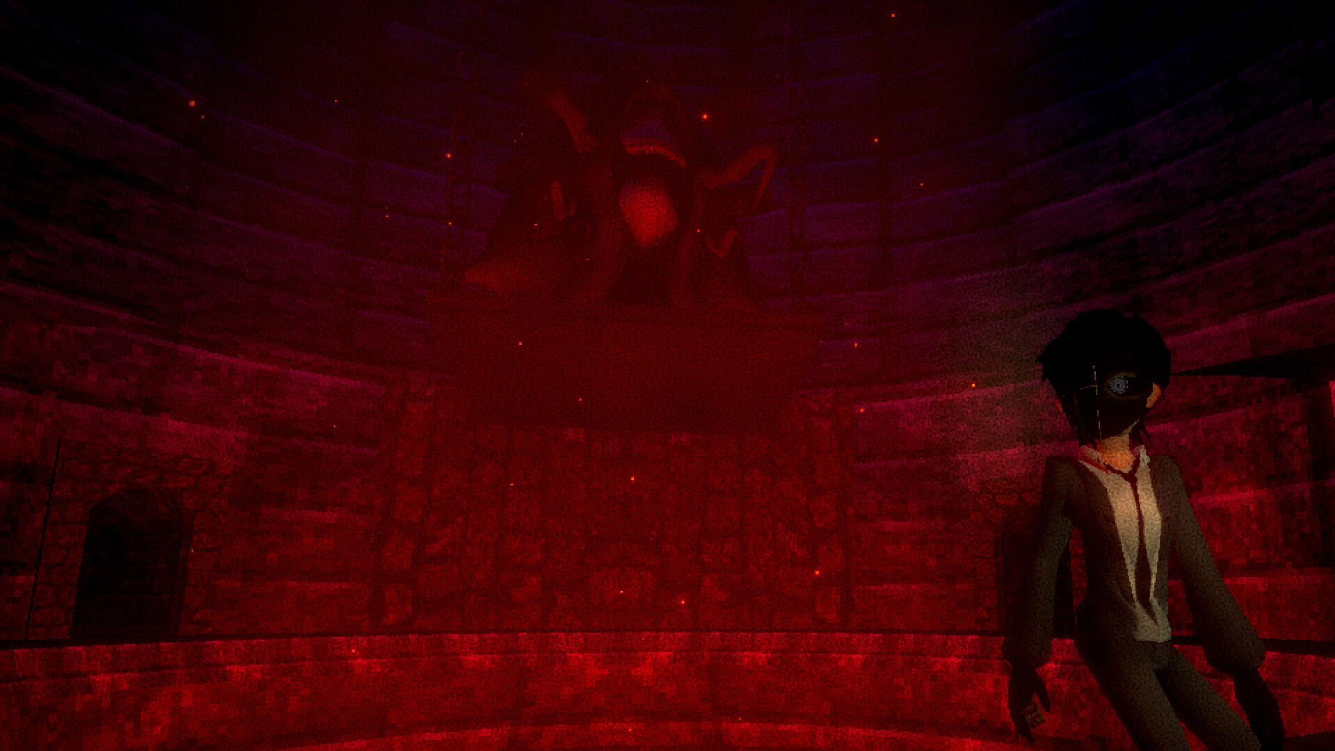 Psychopomp 2 main character guy in suit in red tinged underground room