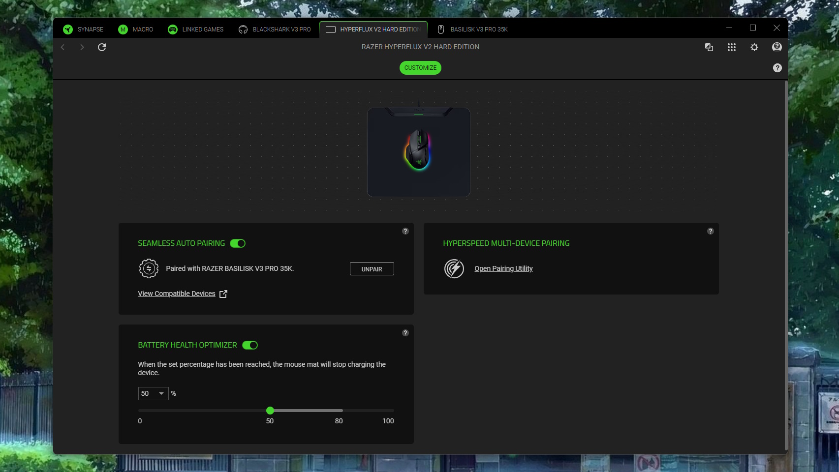 Razer Synapse software screenshot for the Razer HyperFlux V2 charging mouse pad.