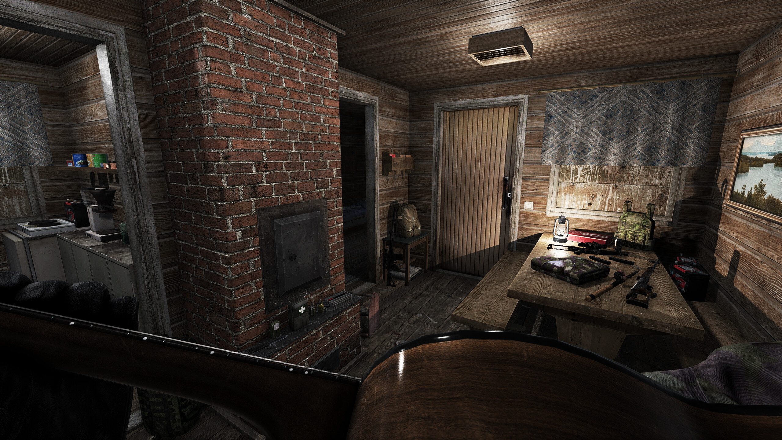 The player plays an instrument in their cabin shelter in Road to Vostok.