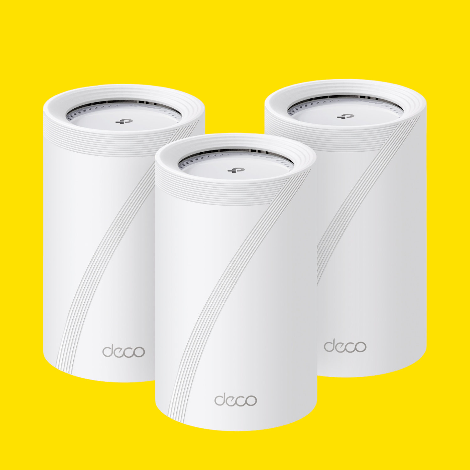 An image showing three TP-Link Deco BE68 mesh routers against a bright yellow background.