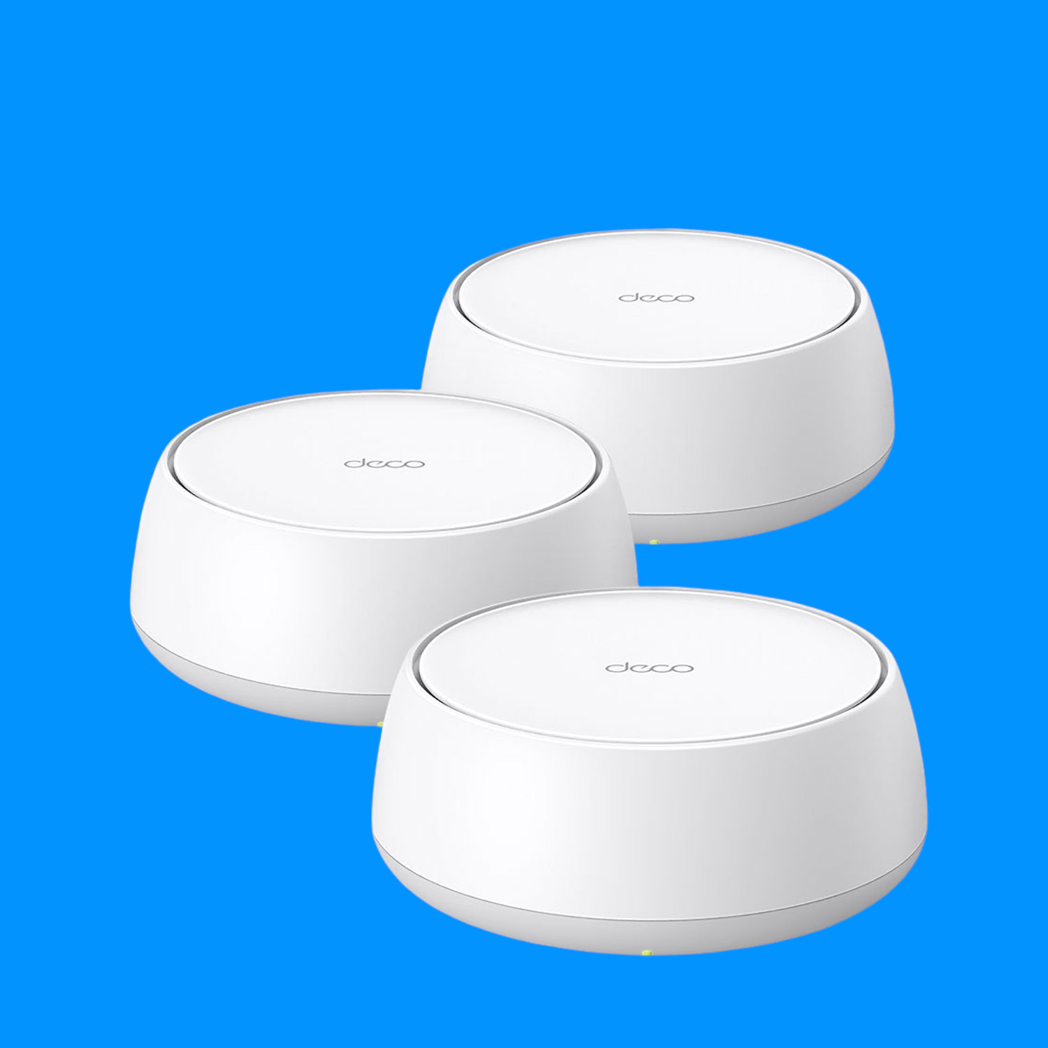 An image showing three TP-Link Deco BE25 mesh routers against a blue background.