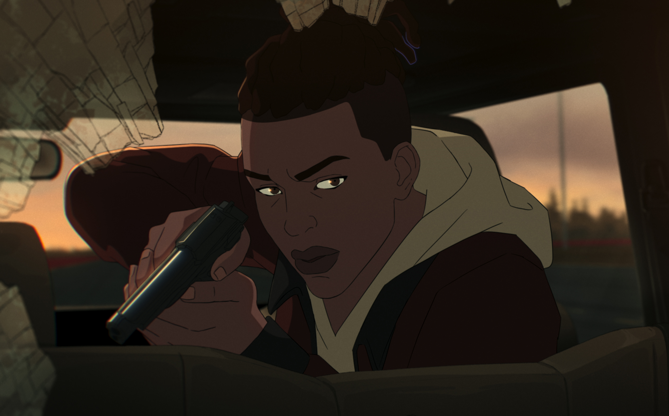 McKenna aiming a gun in a moving car