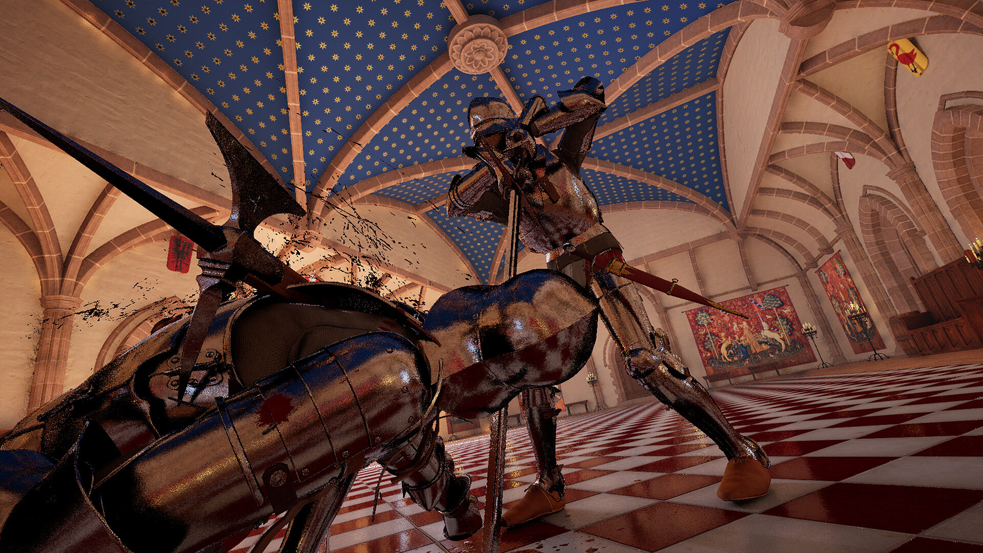 A knight delivers a killing blow to a fallen opponent in Half Sword.