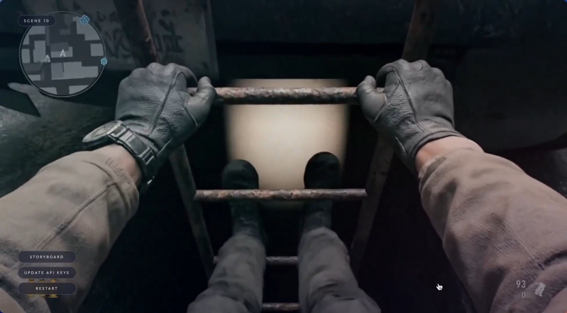 A soldier has no idea how to descend a ladder.