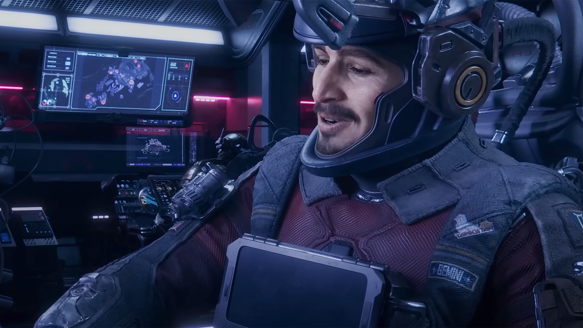 A man with a mustache wearing a spacesuit with his visor up in The Expanse: Osiris Reborn