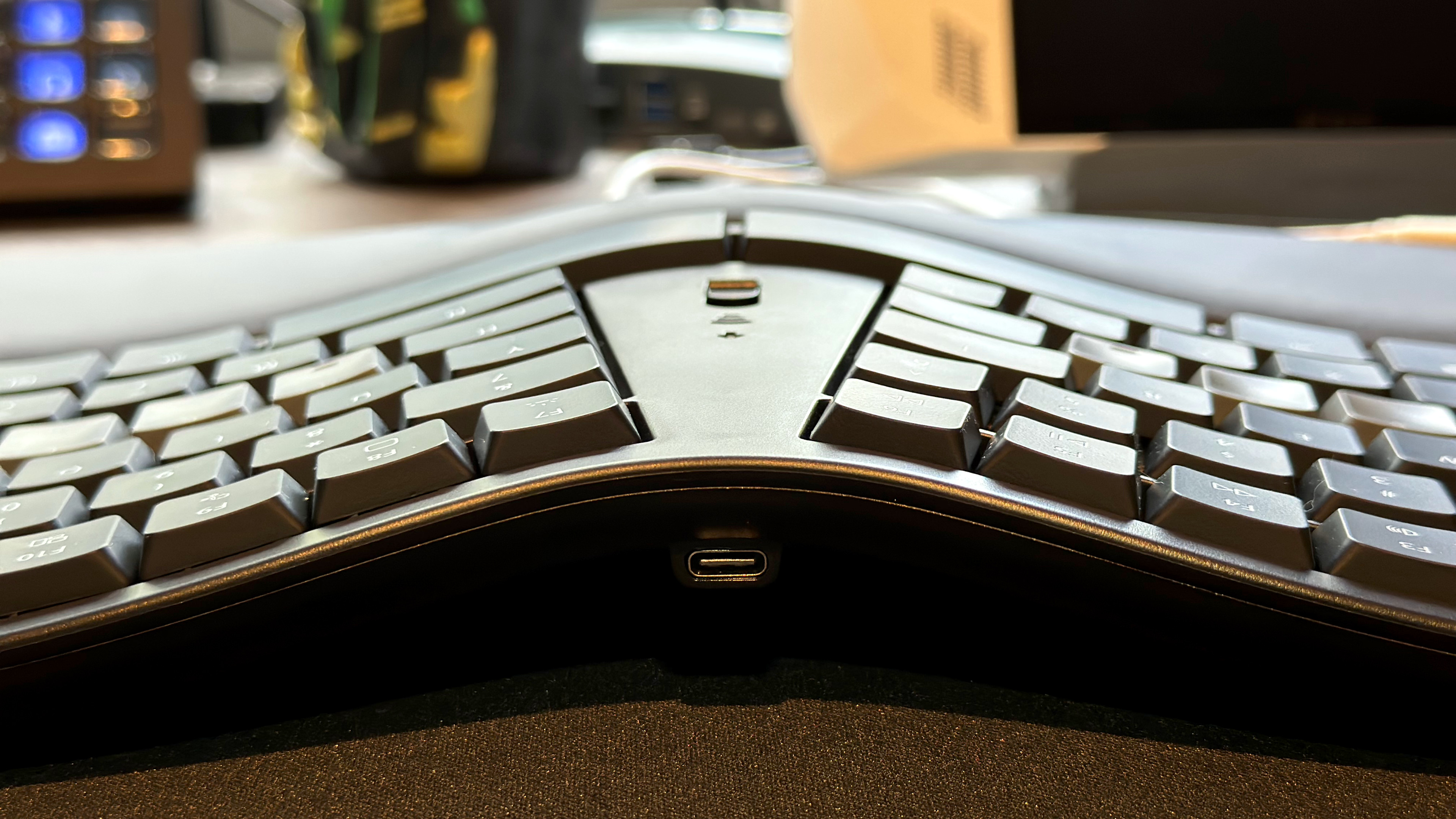 A photo of the Kinesis mWave ergonomic mechanical keyboard