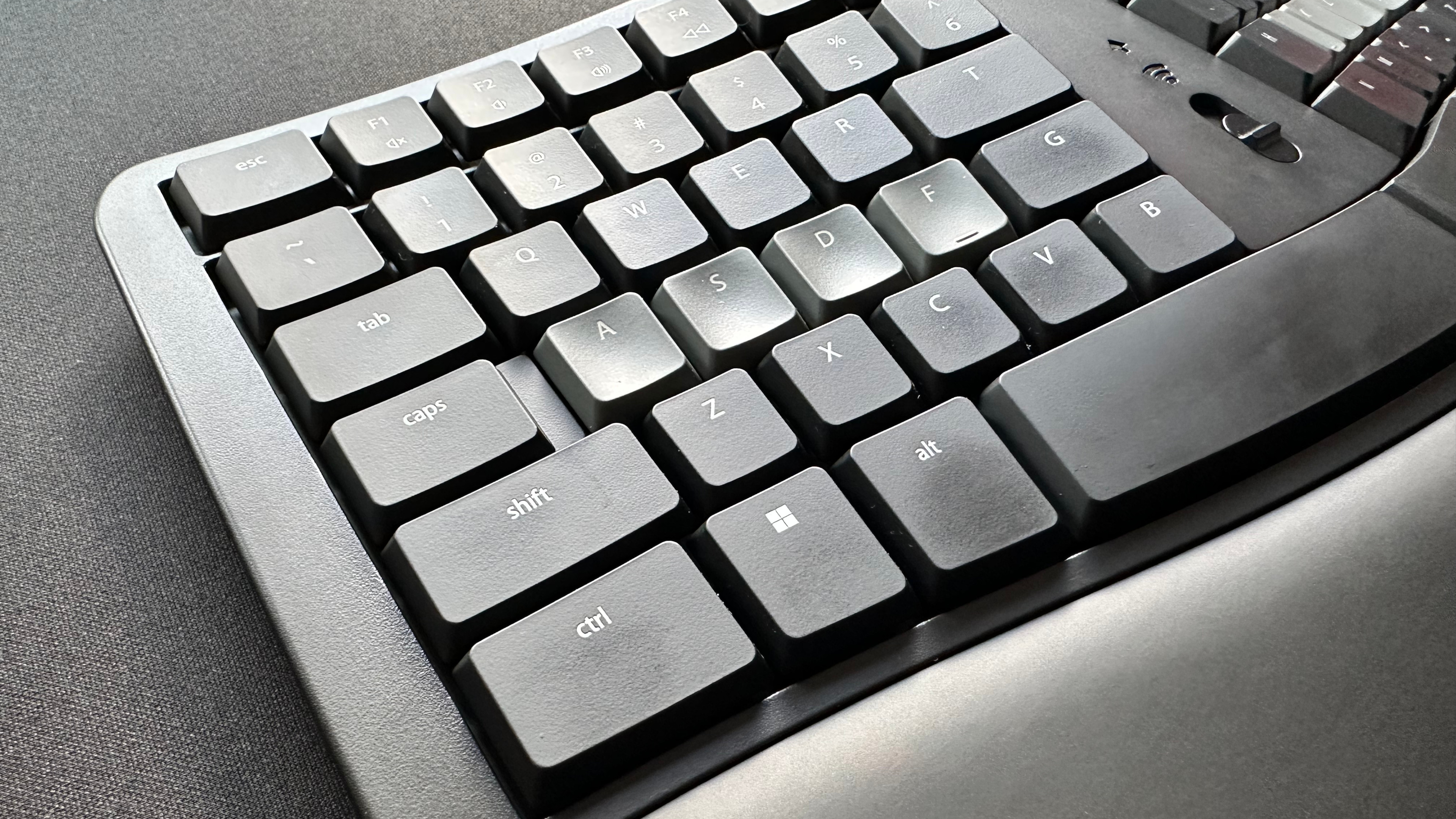 A photo of the Kinesis mWave ergonomic mechanical keyboard