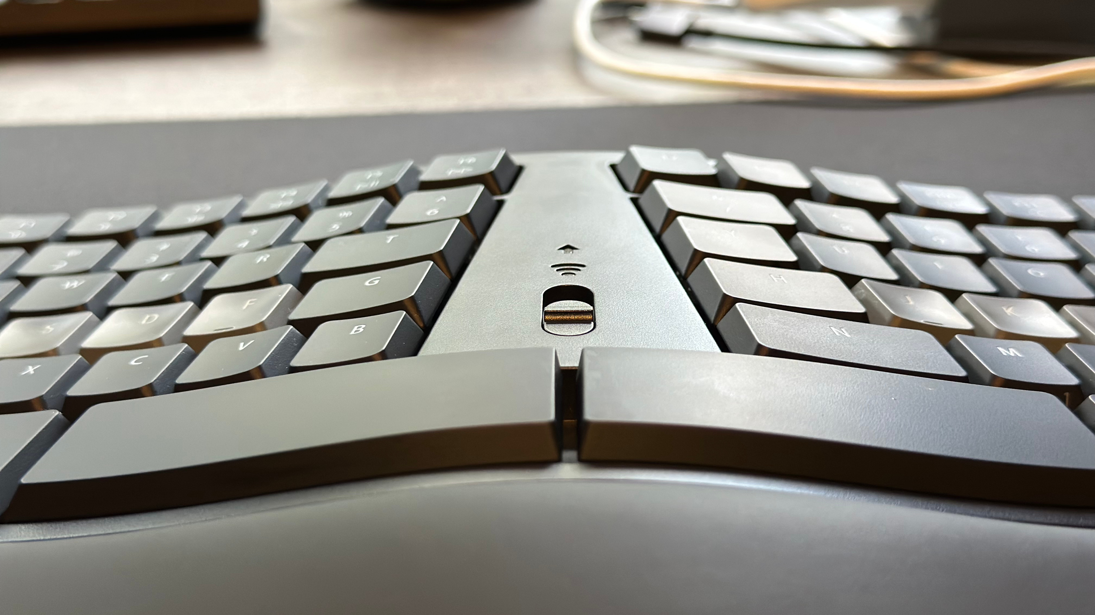 A photo of the Kinesis mWave ergonomic mechanical keyboard