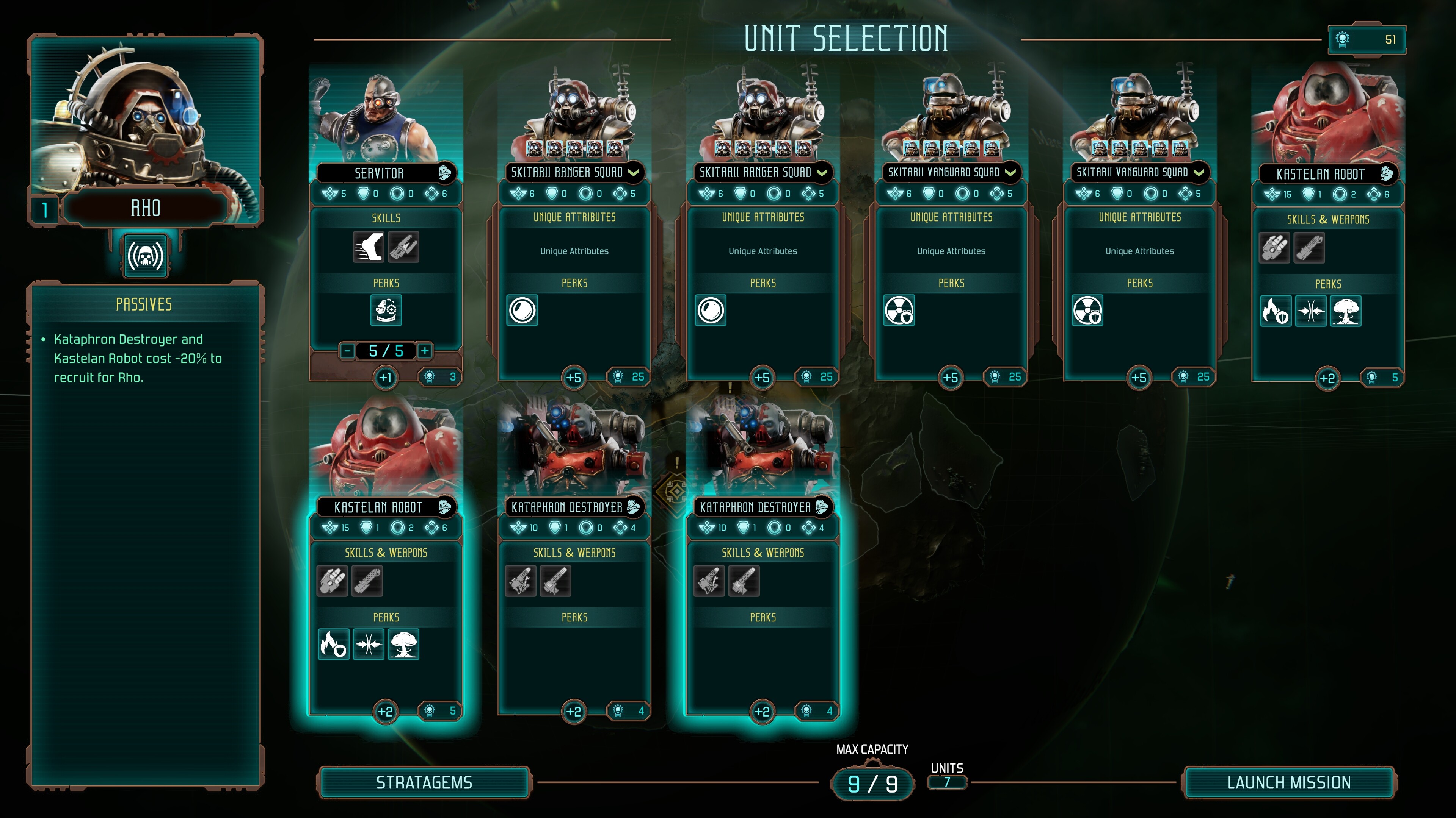 The unit selection screen in Warhammer 40,000: Mechanicus 2.