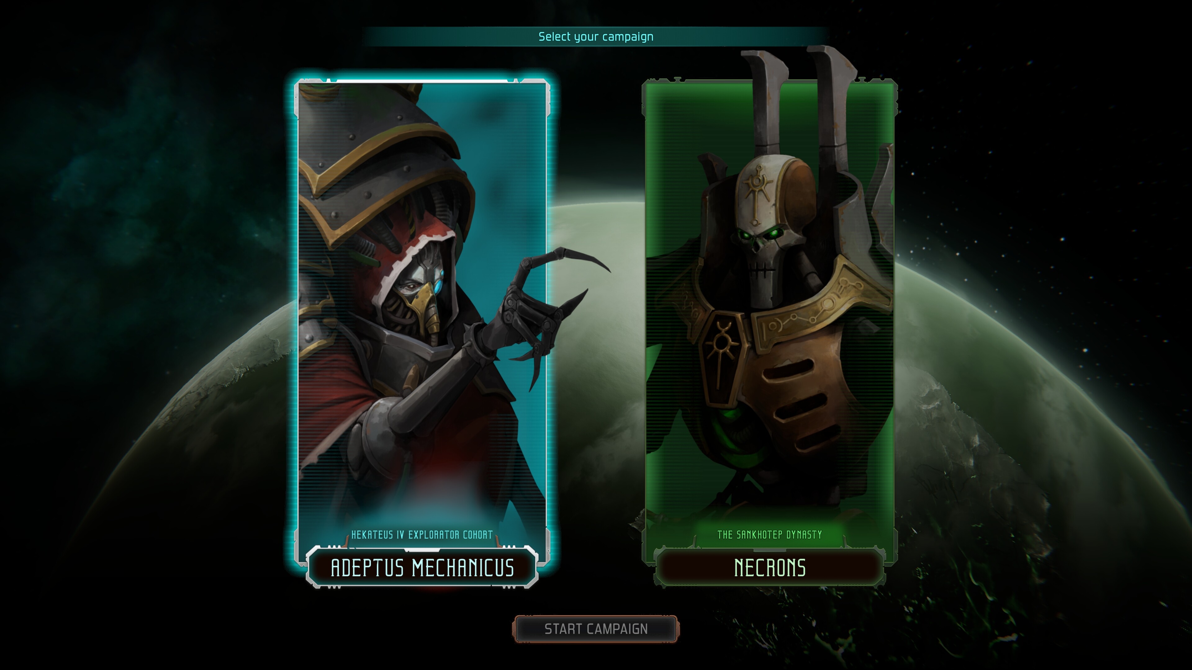 The campaign selection screen in Warhammer 40,000: Mechanicus 2.