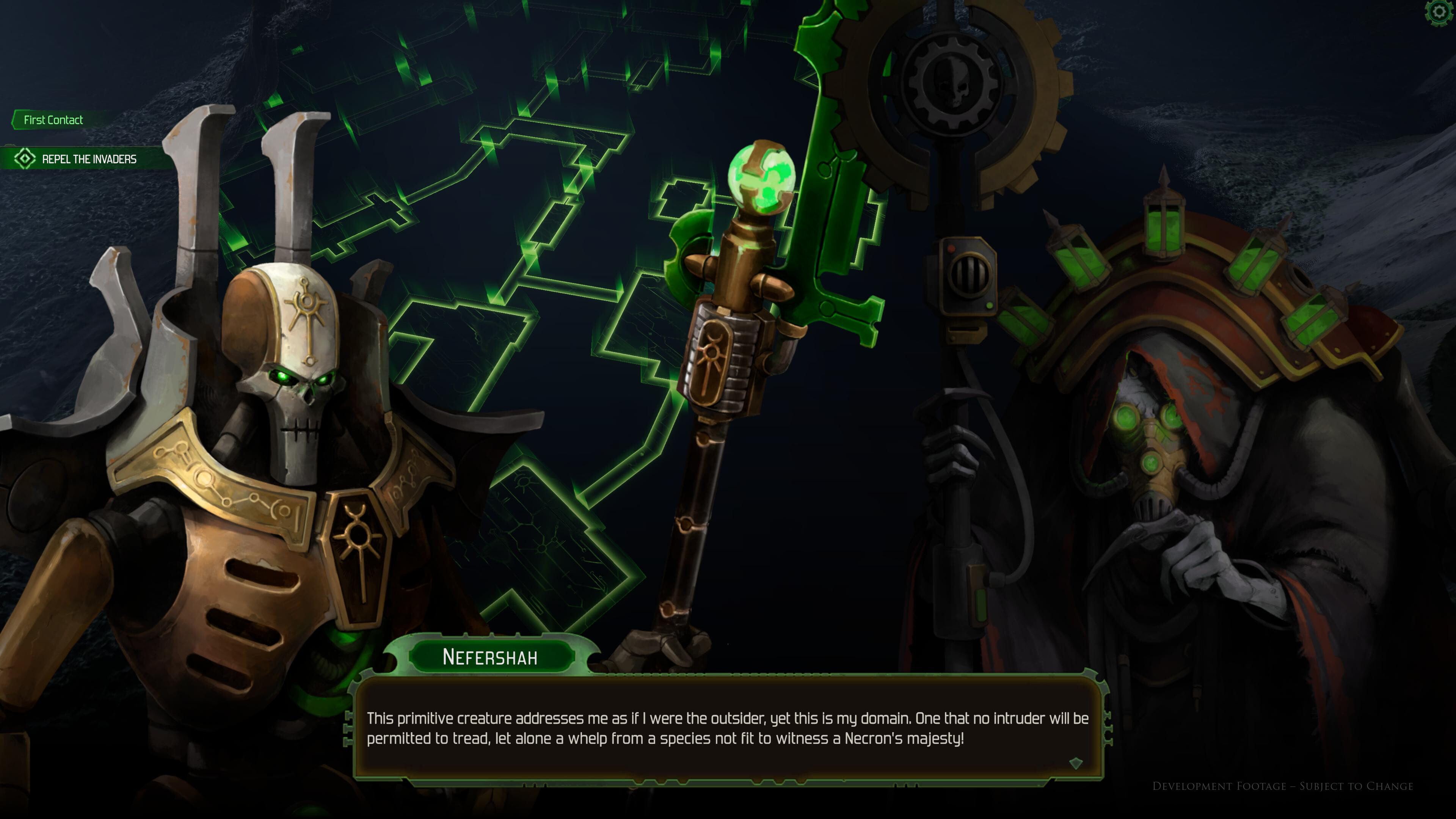 A Necron talking to an Adept in in Warhammer 40,000: Mechanicus 2.