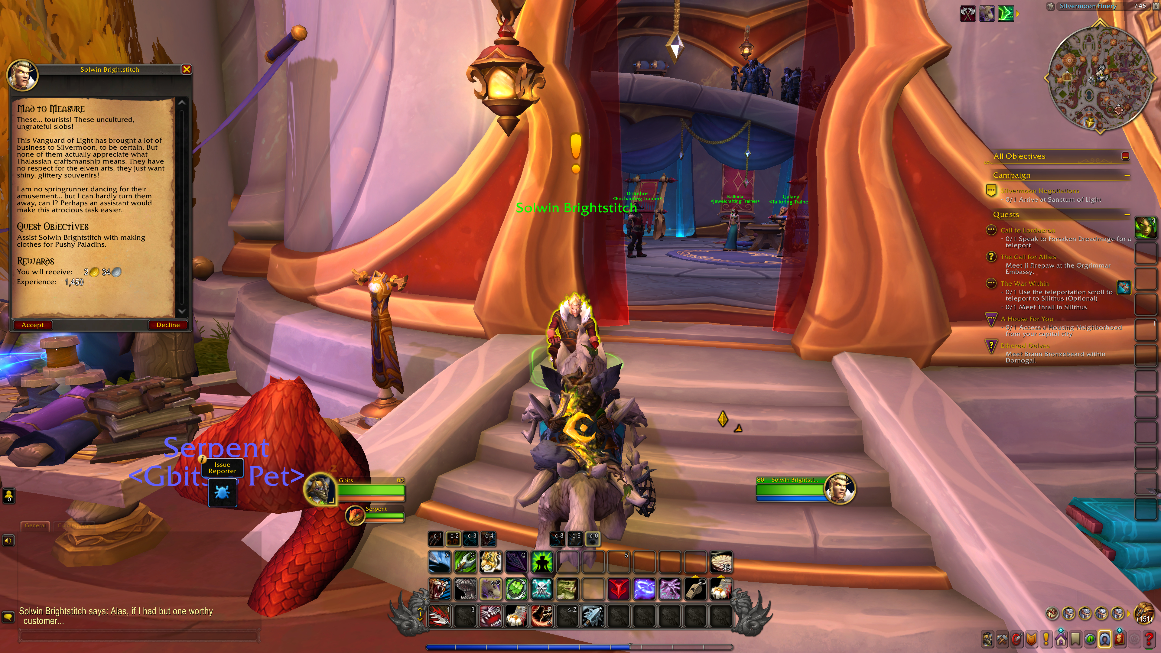 A screenshot of the World of Warcraft: Midnight alpha. A player character stands inside the gold and white streets of Silvermoon City. A window with quest text sits on the left side of the screen.
