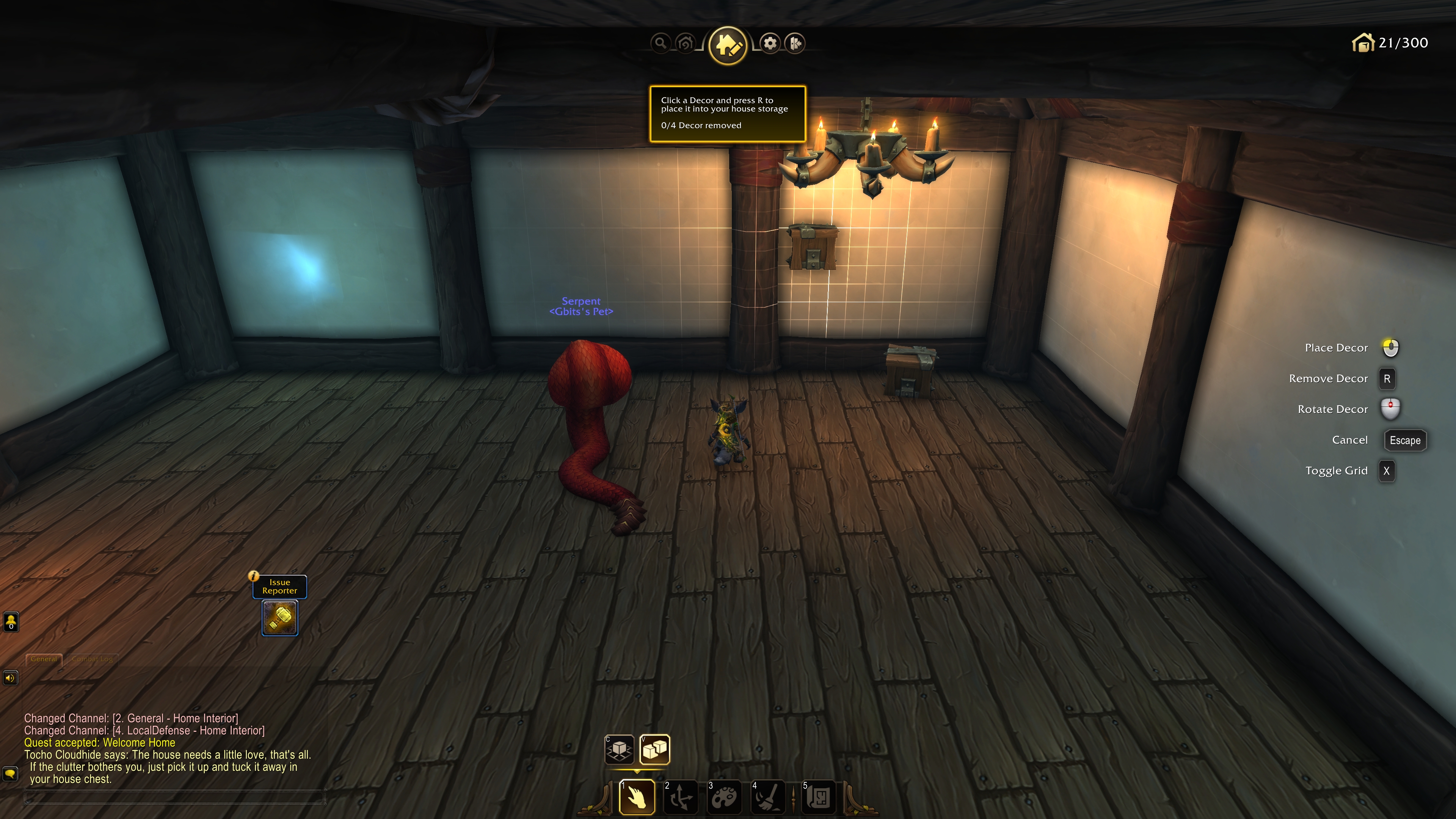 A screenshot of the World of Warcraft: Midnight alpha. A player character stands in a custom player house. They are moving a wall decoration around on a semi-transparent grid.
