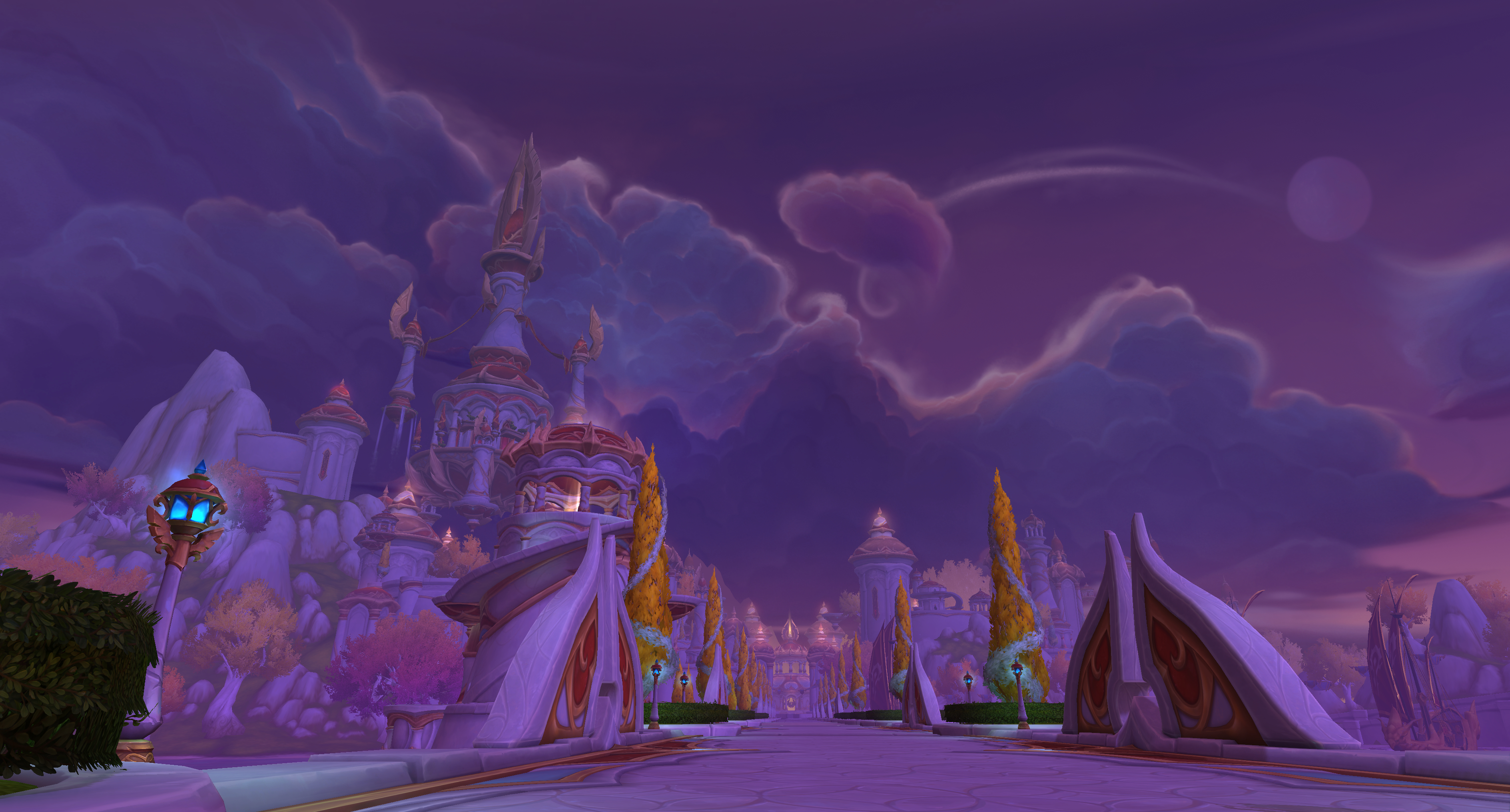 A screenshot of the World of Warcraft: Midnight alpha. A wide bridge leads to the golden spires of Silvermoon City. A gloomy purple and pink sky with huge clouds looms overhead.