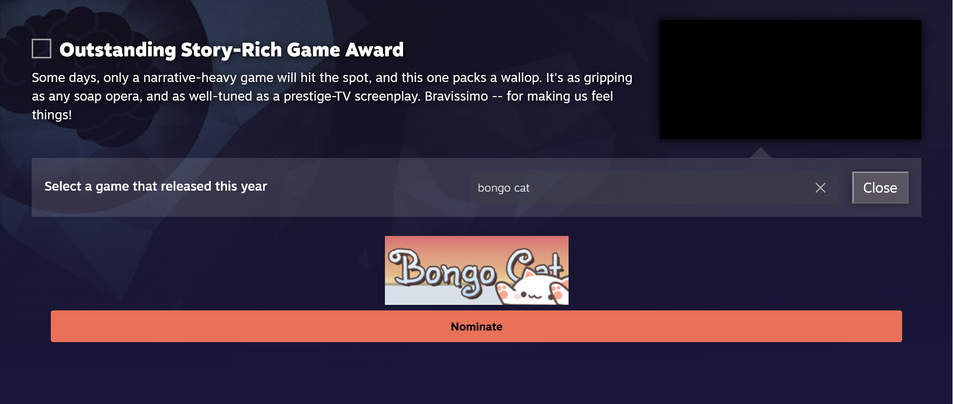Bongo Cat nomination for Outstanding Story-Rich Game Award in the 2025 Steam Awards