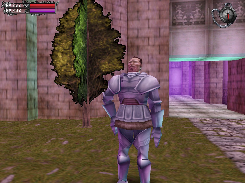 Lunacid: Tears of the Moon screenshot of mild mannered knight looking upward in castle courtyard.
