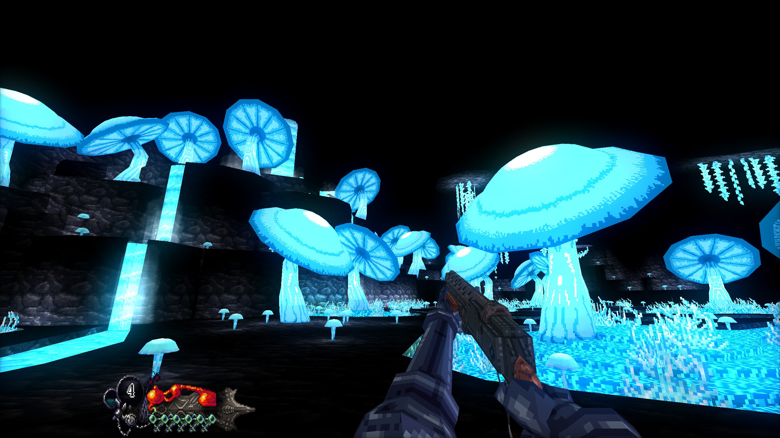 View of bioluminescent mushroom area underground in Mohrta.