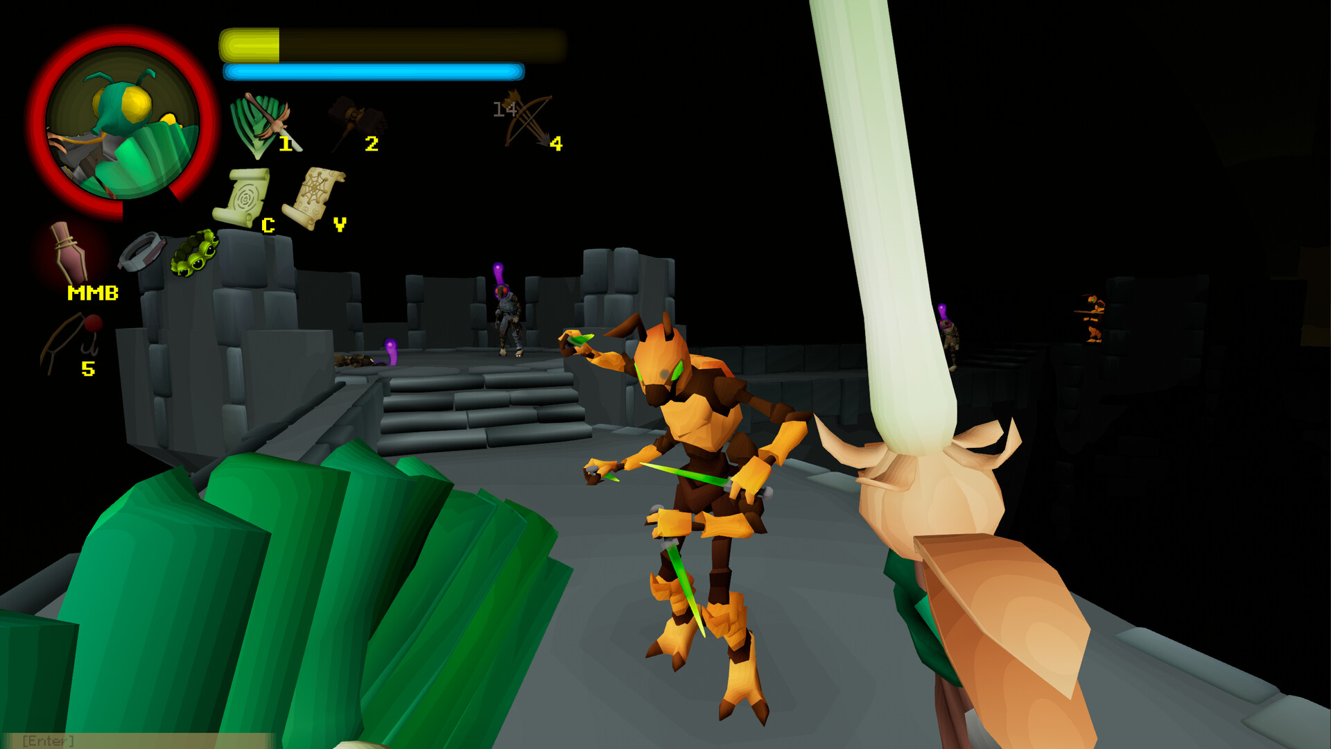 first person view holding sword against human shaped bug dual wielding knives.