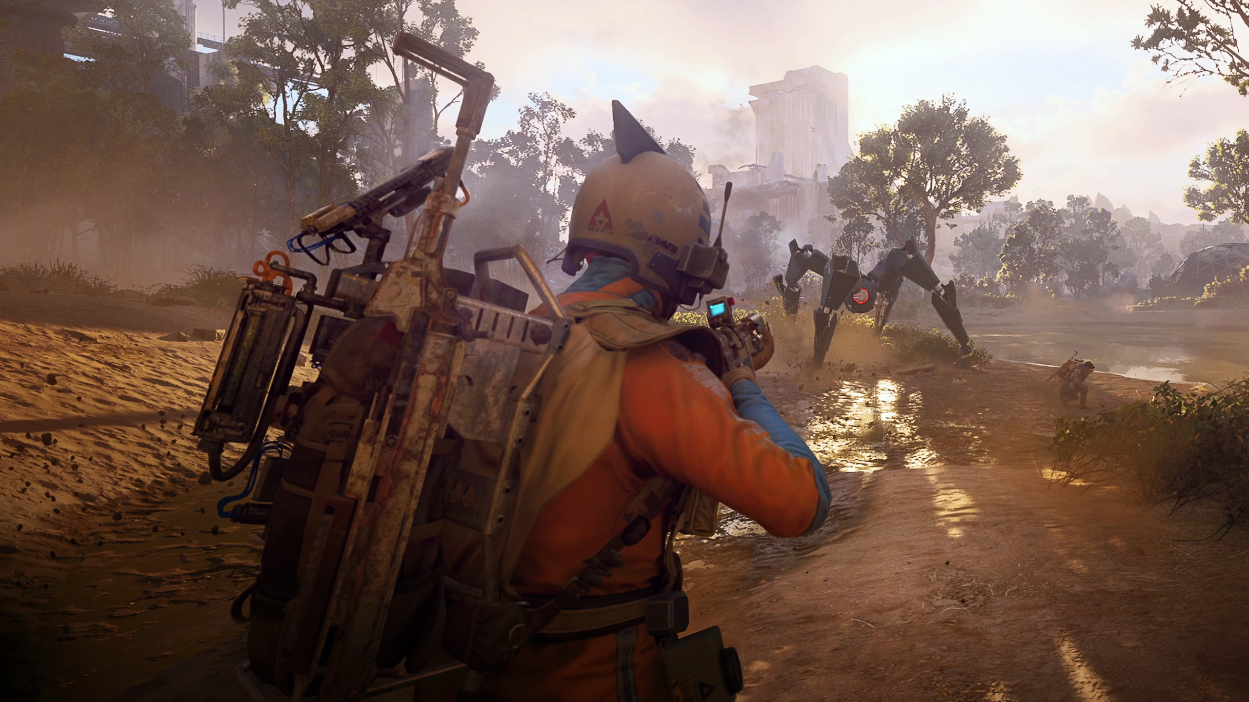 Arc Raiders Aphelion blueprint: A raider wearing a blue and orange space-age jumpsuit while fighting a Leaper.