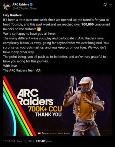 Arc Raiders surpassed 700,000 concurrent players across all platforms this weekend, and you better believe that most of them were on PC