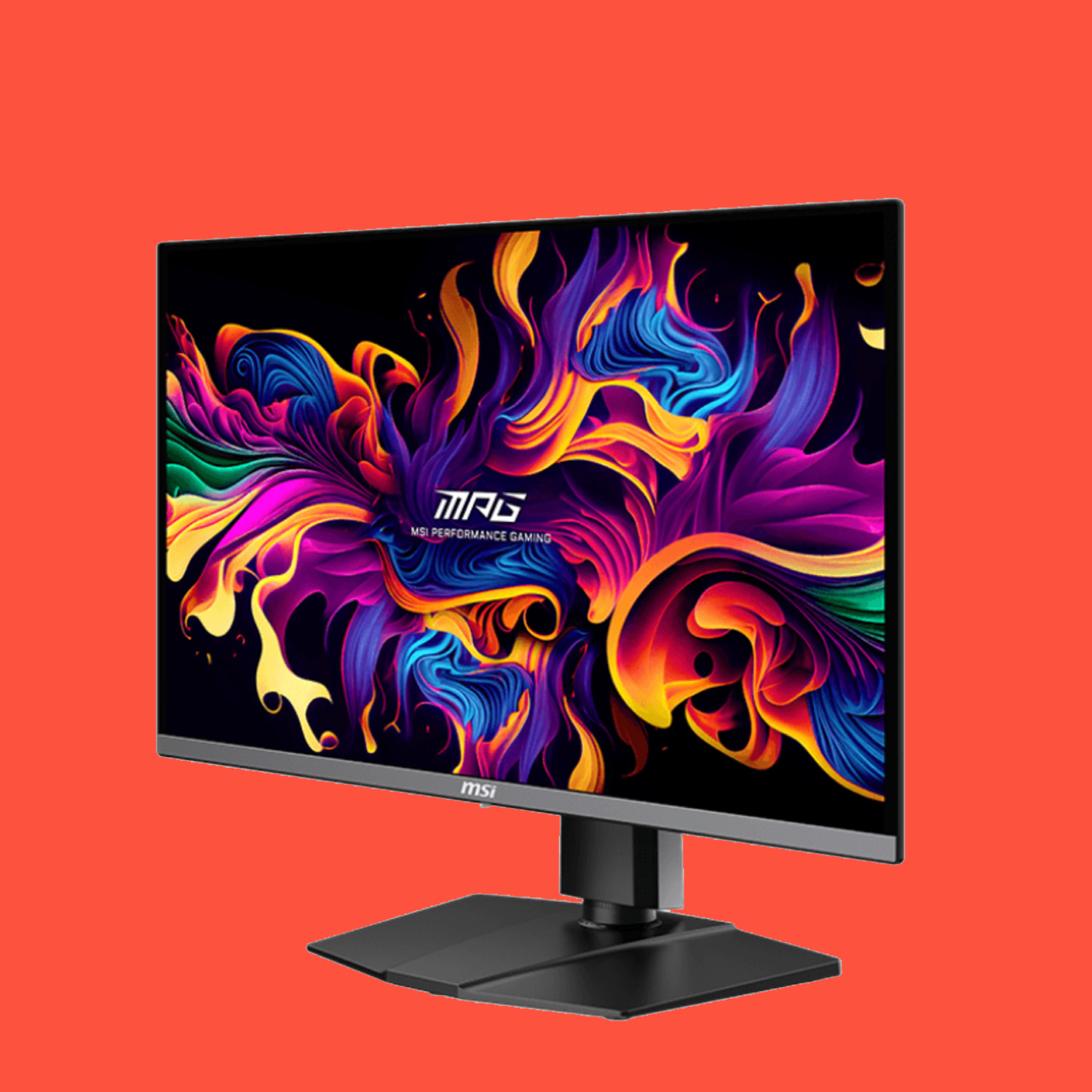 MSI's OLED gaming monitor on a red background.