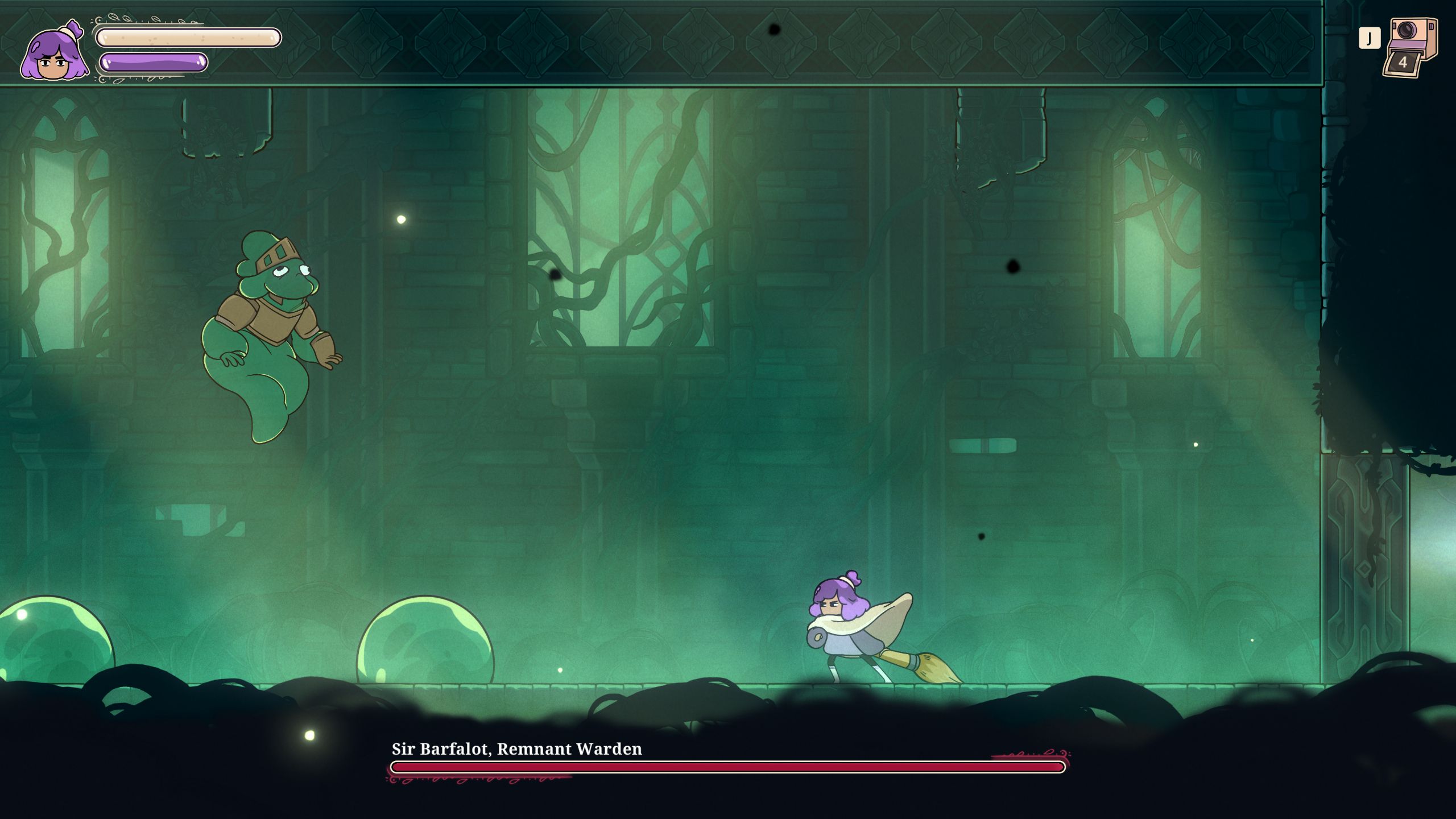 Constance prepares to use her giant paintbrush against a boss named Sir Barfsalot