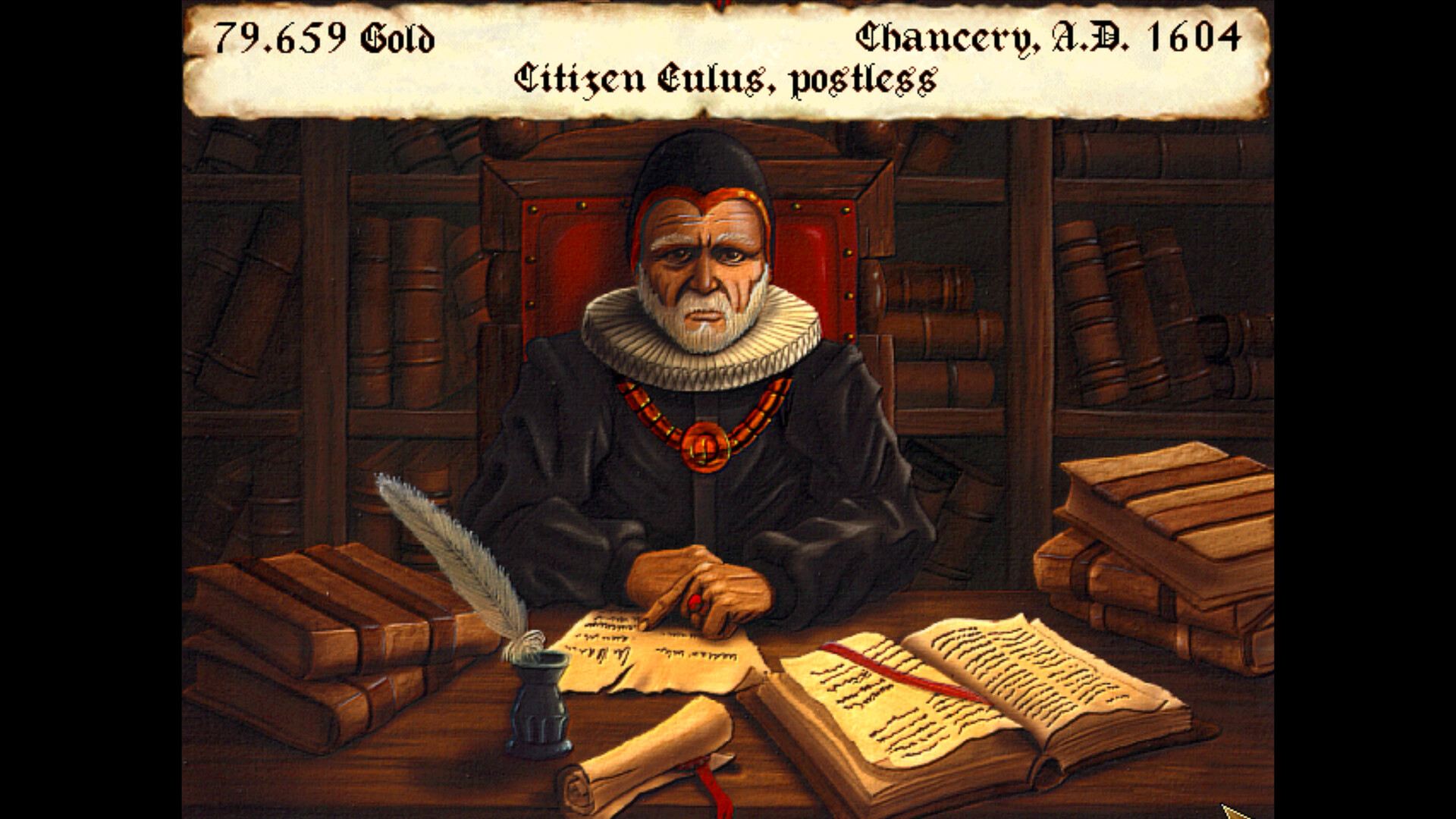 A screenshot from Mittelland AD showing a serious 16th century man in a dark room full of books
