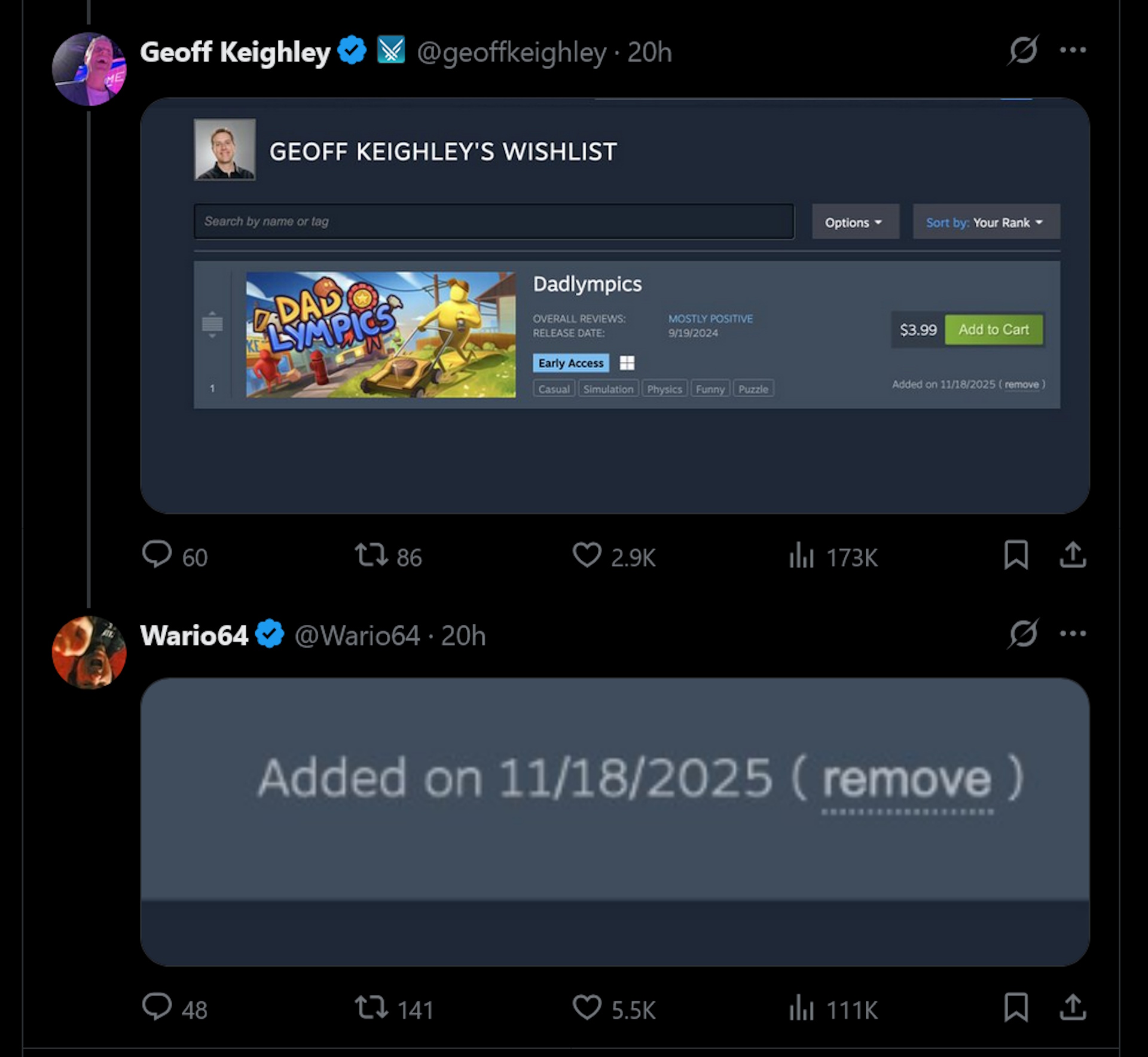 Dadlympics was added to Geoff Keighley's Steam wishlist on November 18, 2025