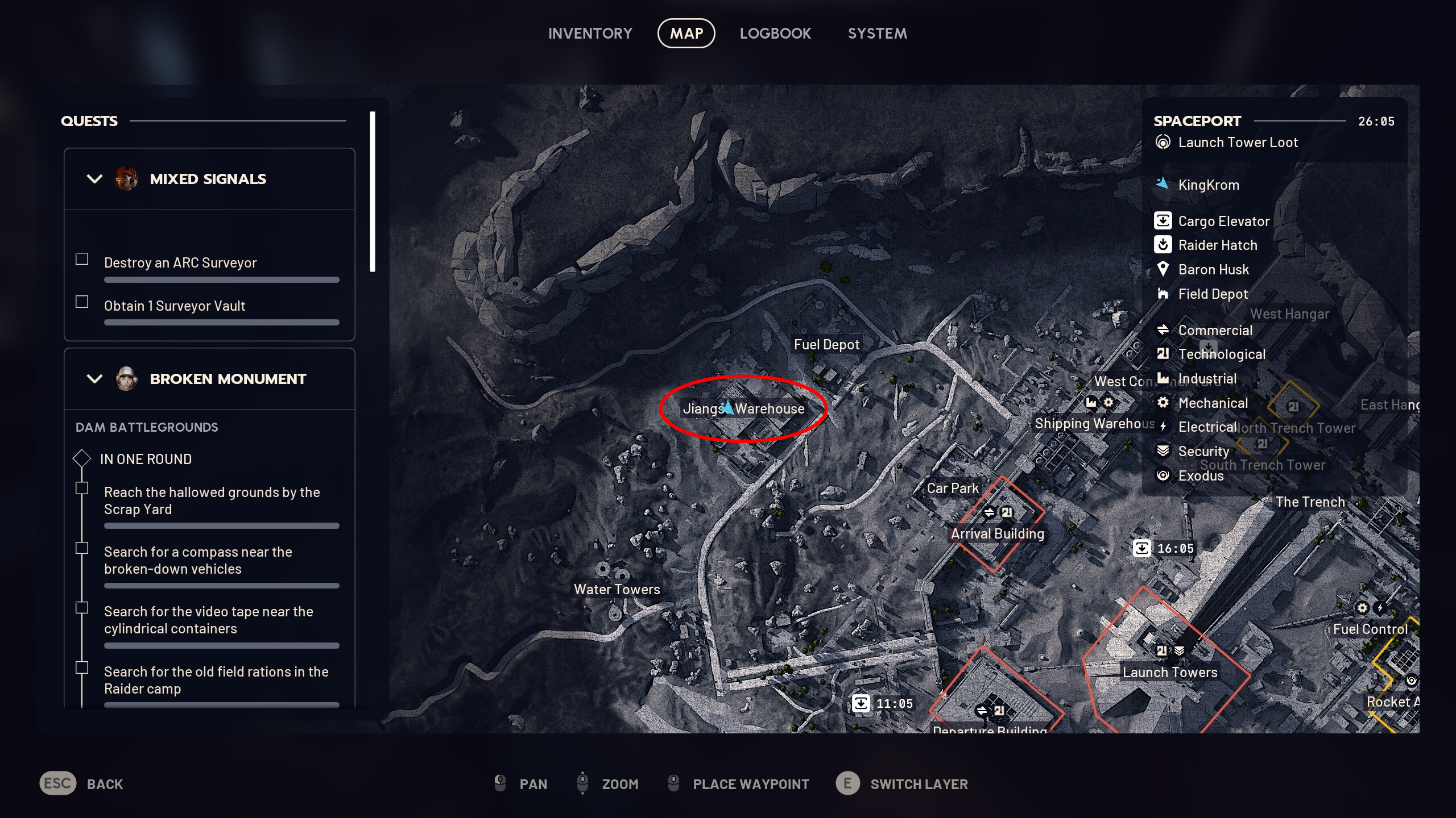 Arc Raiders Lay of the Land: A map with a red oval highlighting the location of the shipping notes in the warehouse.