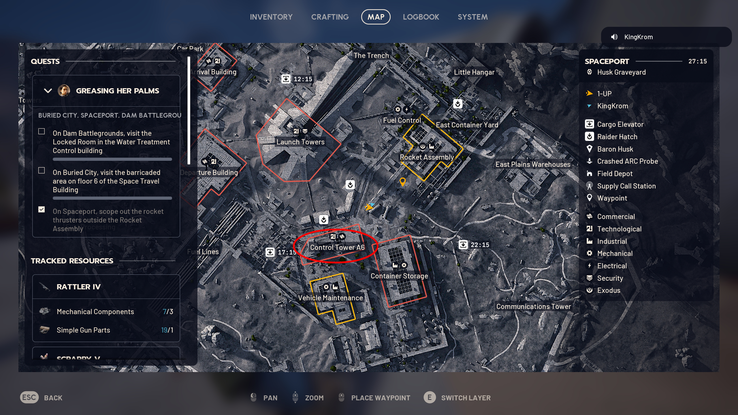Arc Raiders Lay of the Land: A map of Spaceport with a red oval highlighting the location of the scanner in Control Tower A6.