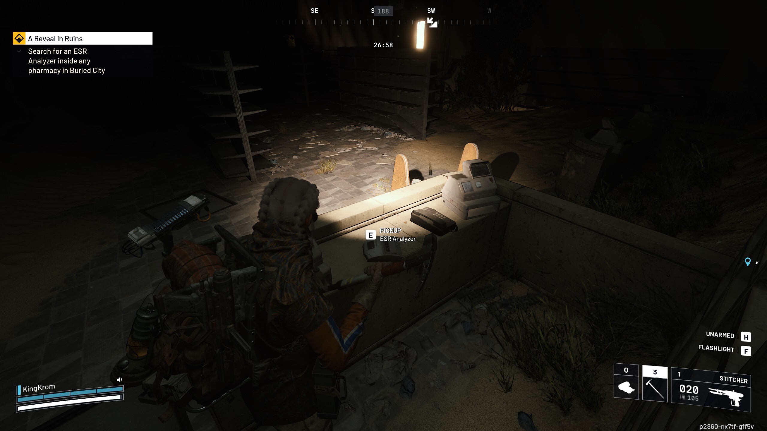 Arc Raiders Reveal in Ruins: A player with a flashlight looking as the ESR Analyser on the desk of a dark pharmacy.