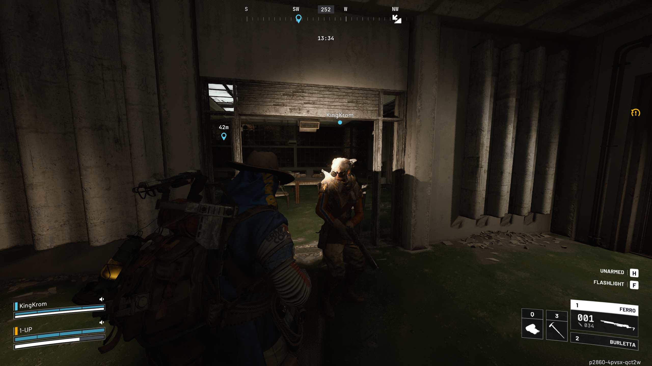 Arc Raiders Greasing Her Palms: Two players stood outside a meeting room in a dark hallway on Buried City, using flashlights.