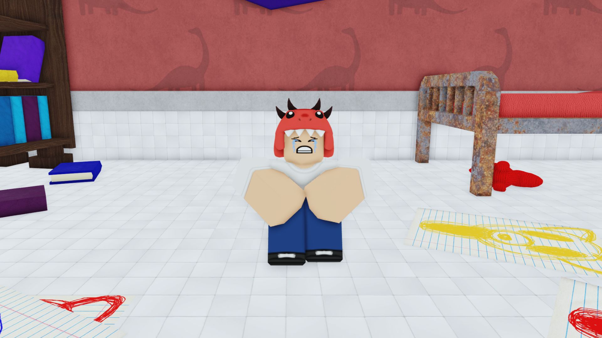 A lost kid sitting in a room crying from 99 Nights in the Forest.