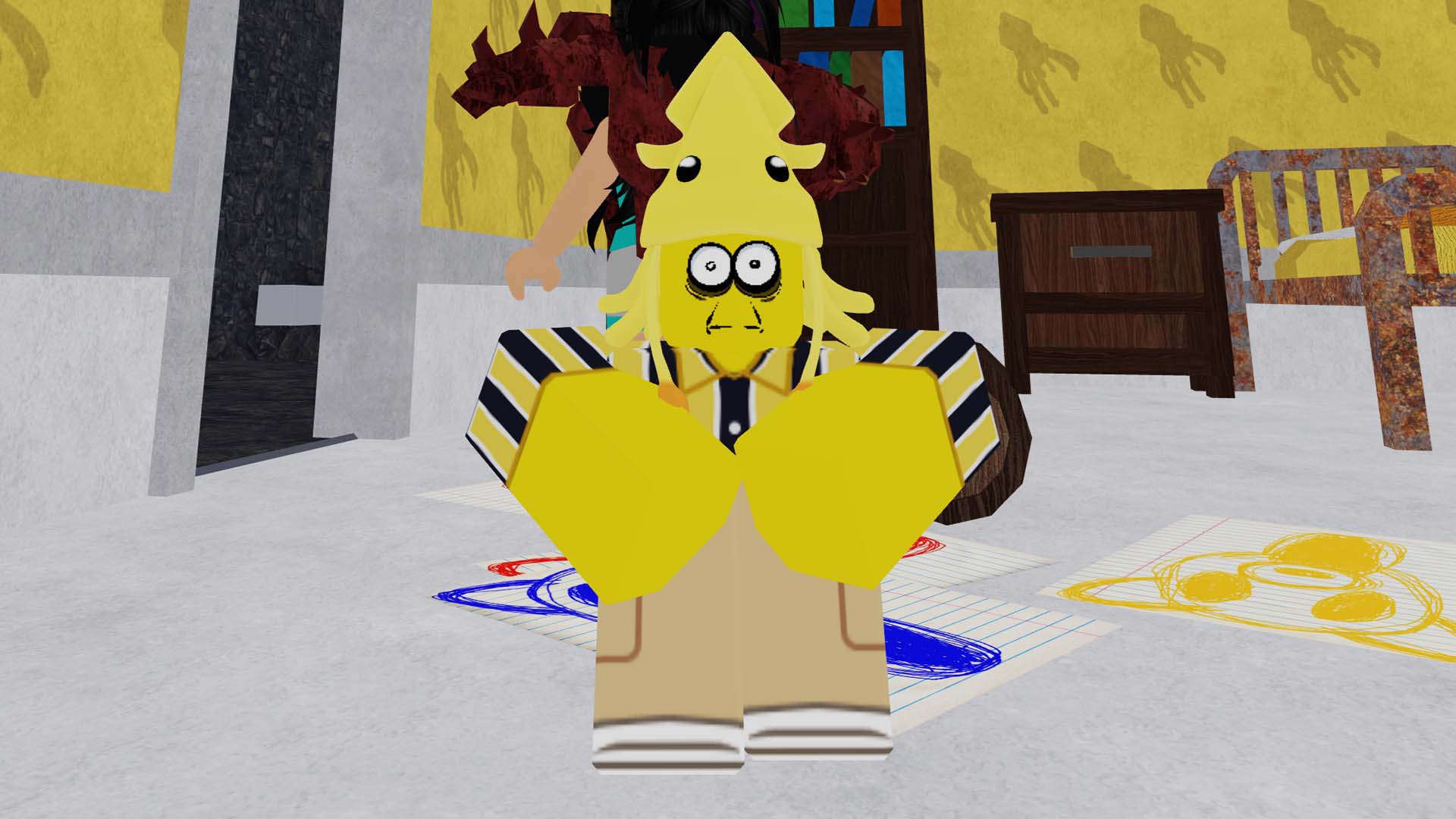 The Squid Kid from 99 Nights in the Forest sitting and staring straight ahead