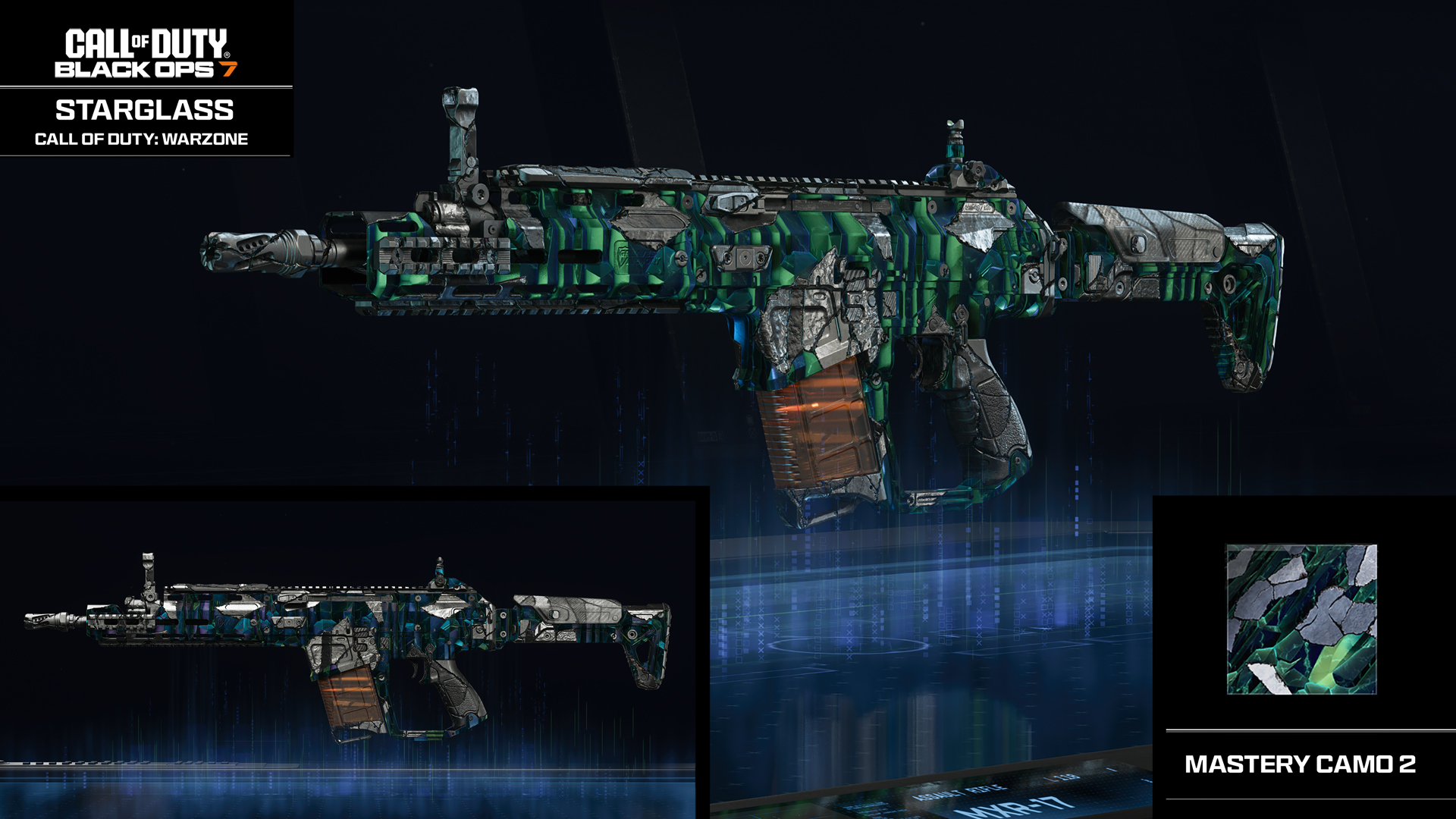 Black Ops 7 Mastery Camos: The Starglass camo from Warzone shown on the MXR17 assault rifle.