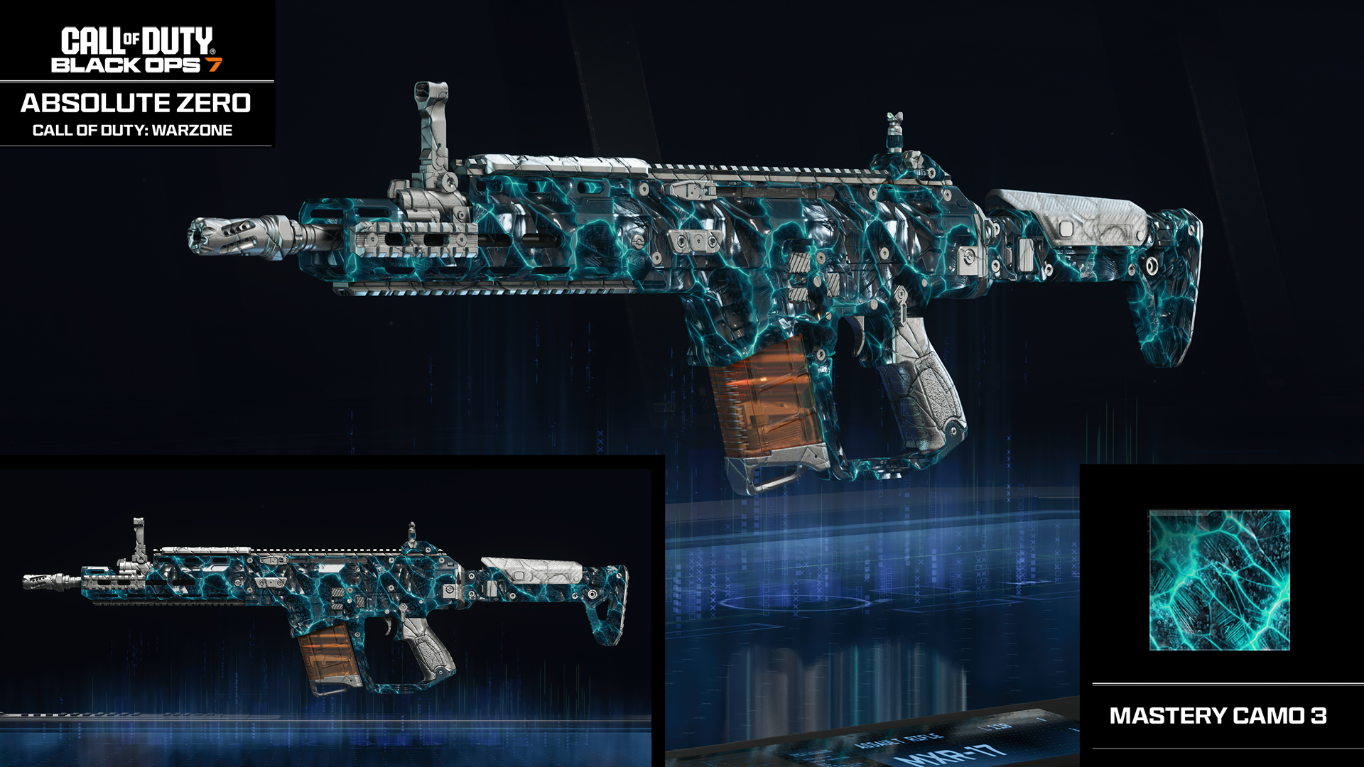 Black Ops 7 Mastery Camos: The Absolute Zero camo from Warzone shown on the MXR17 assault rifle.