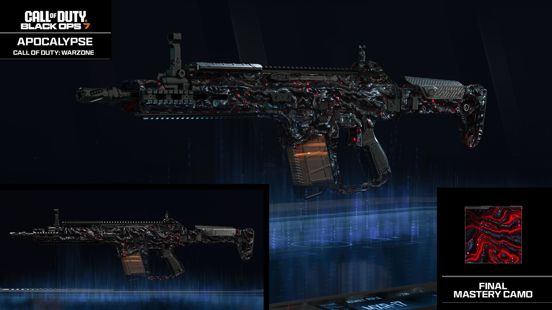 Black Ops 7 Mastery Camos: The Apocalypse camo from Warzone shown on the MXR17 assault rifle.