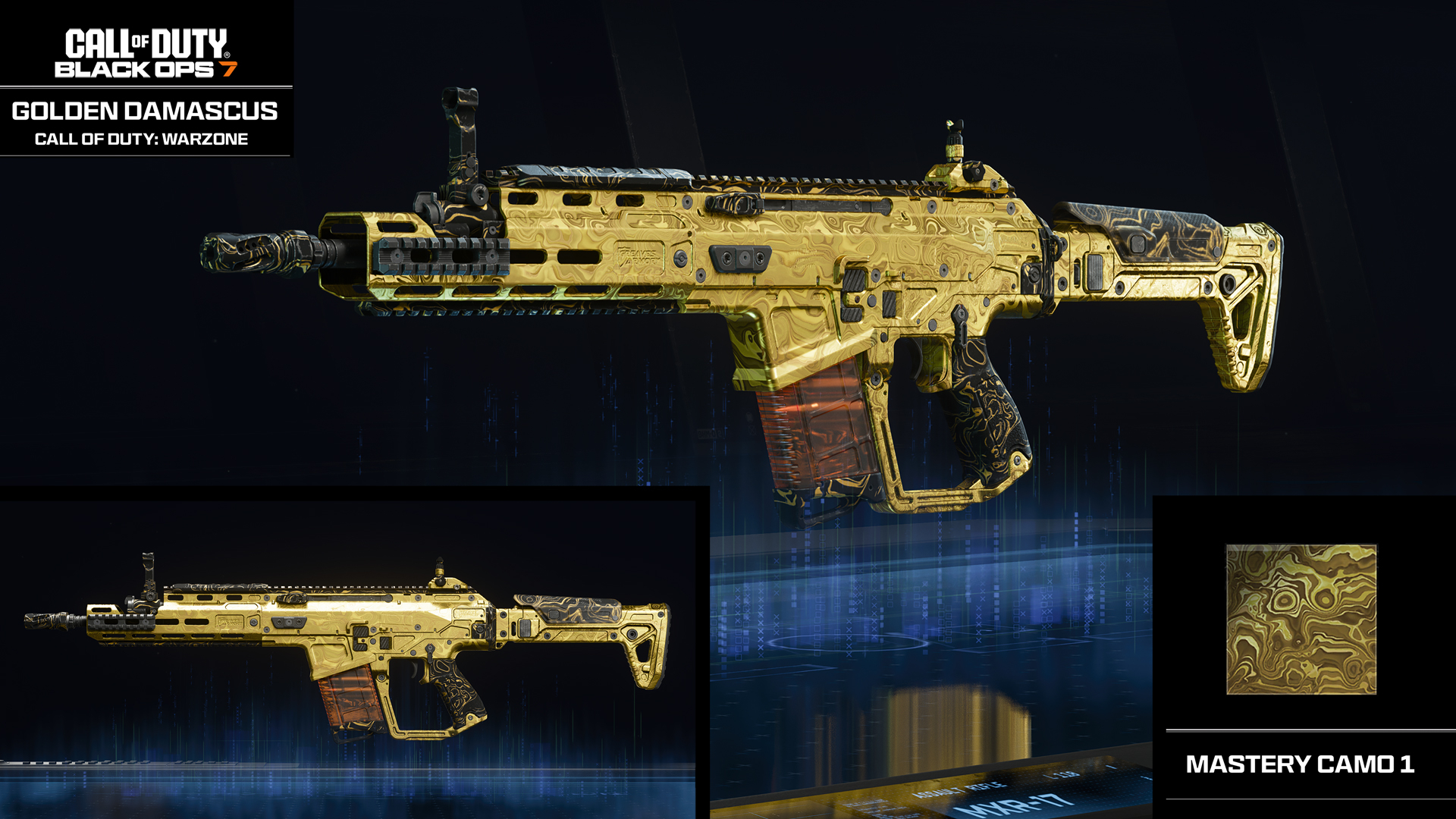 Black Ops 7 Mastery Camos: The Golden Damascus camo from Warzone shown on the MXR17 assault rifle.