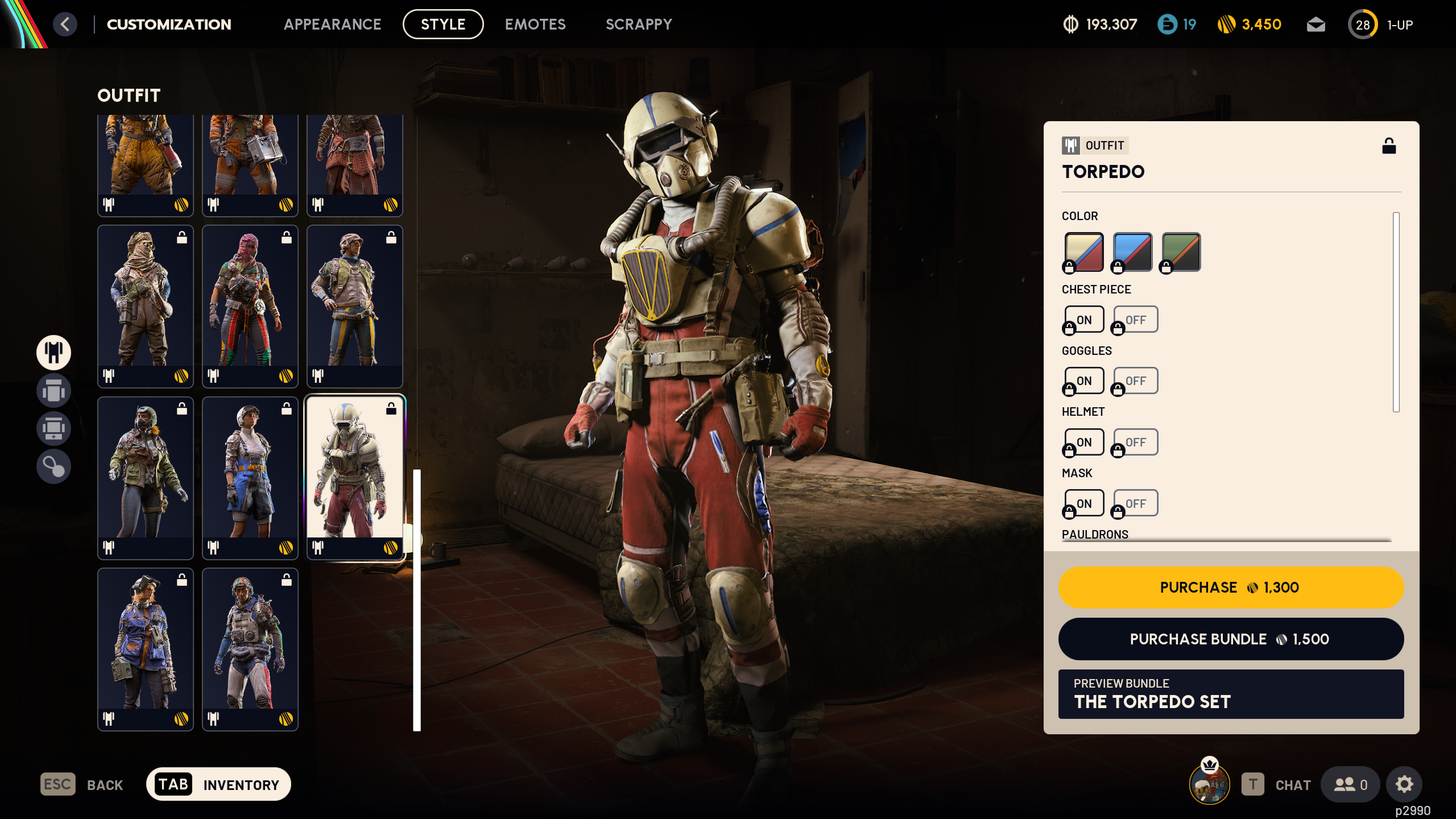 Arc Raiders cosmetics: The Torpedo outfit in the raider customisation menu.