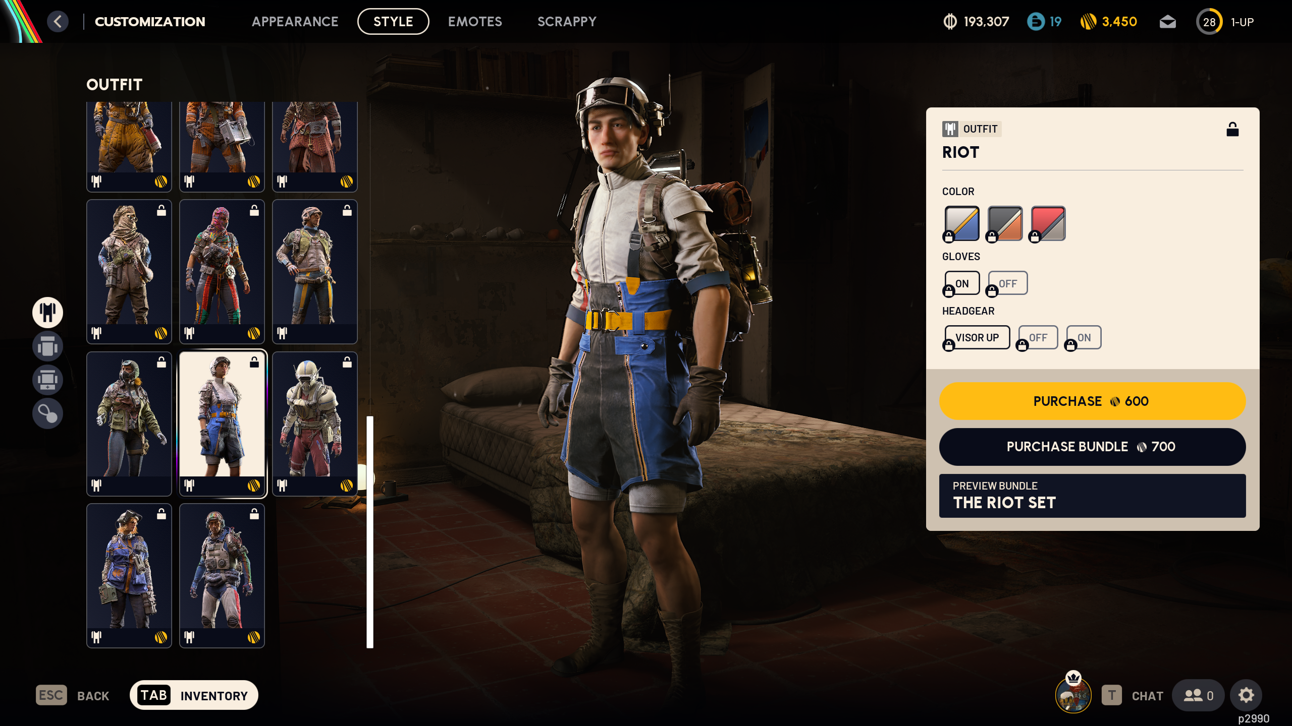 Arc Raiders cosmetics: The Riot outfit in the raider customisation menu.