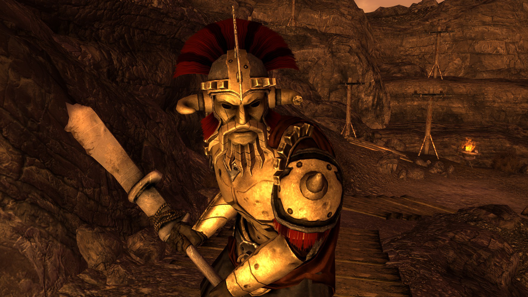 A man in armor in Fallout New Vegas
