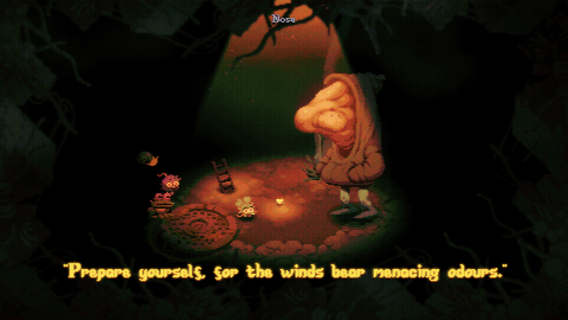 The mouse meeting a monster with a huge nose in Morsels.