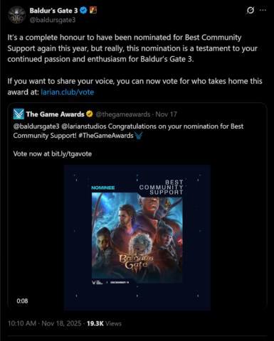 Larian Studios responds to 2025 Game Awards nomination for Baldur’s Gate 3, which came out more than 2 years ago: ‘honestly, what the f**k’
