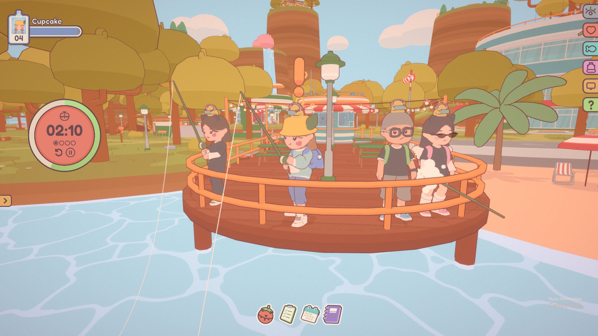 On-Together: Four players spend time fishing on a dock while taking a break from work.
