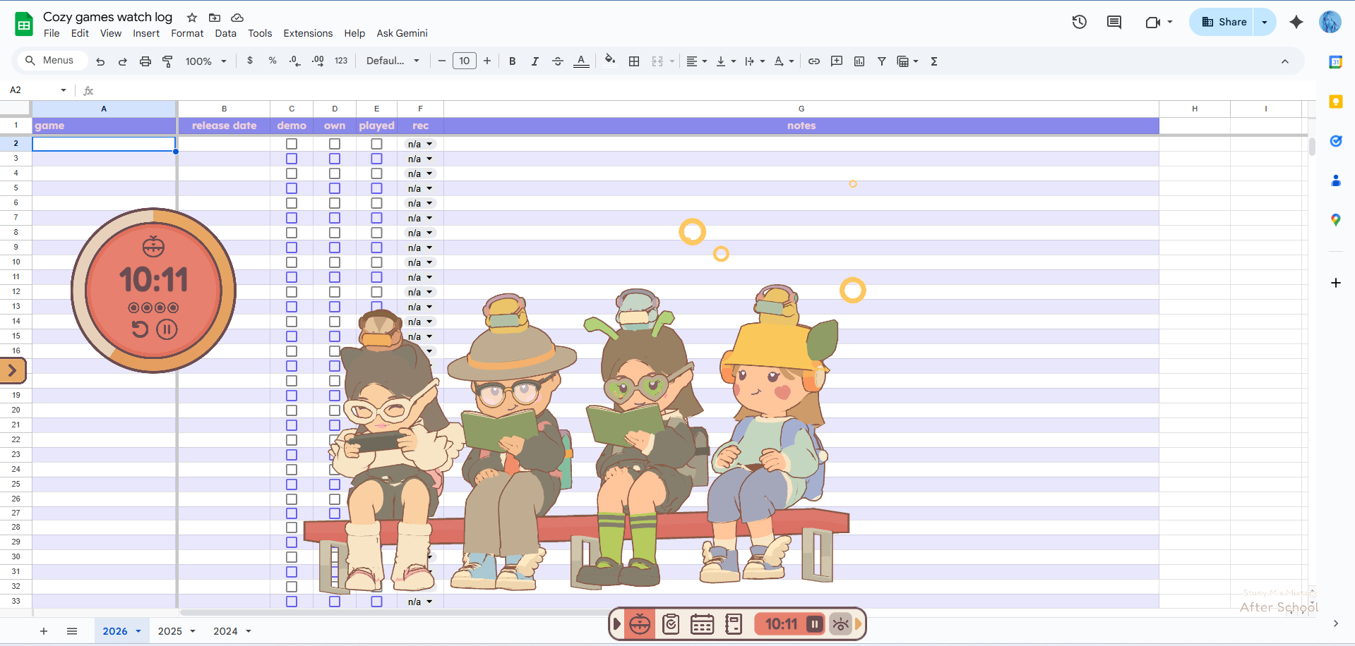 On-Together: Four players read on a small bench together in a game overlaying a Google Sheets browser window.
