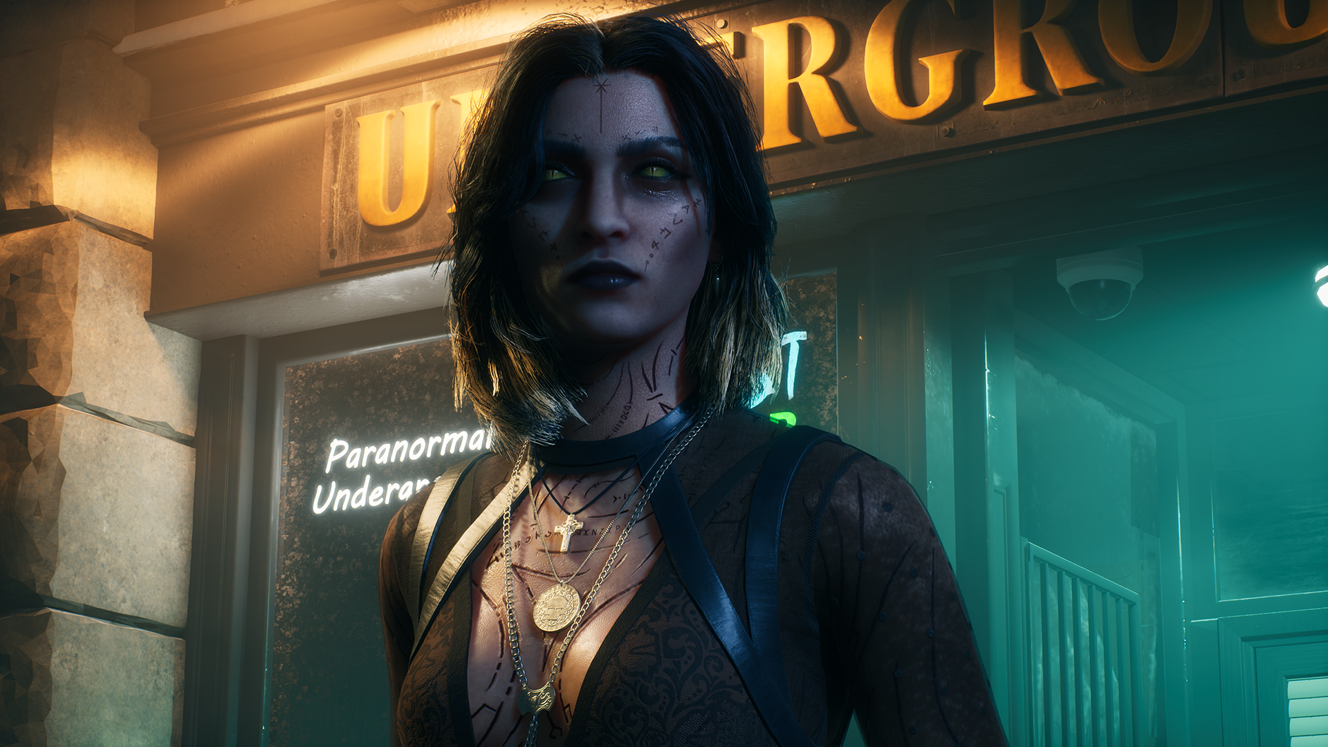 Phyre with snake-like eyes and facial tattoos added in the Halloween update