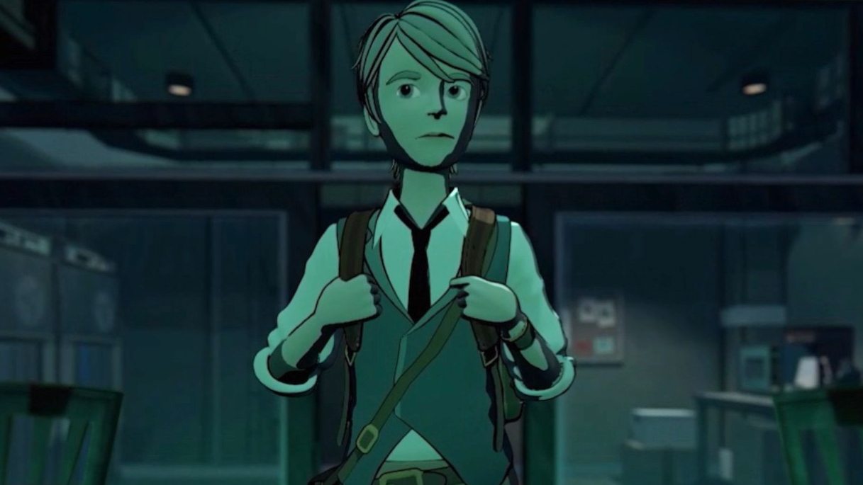 A young man wearing a backpack in a darkened room